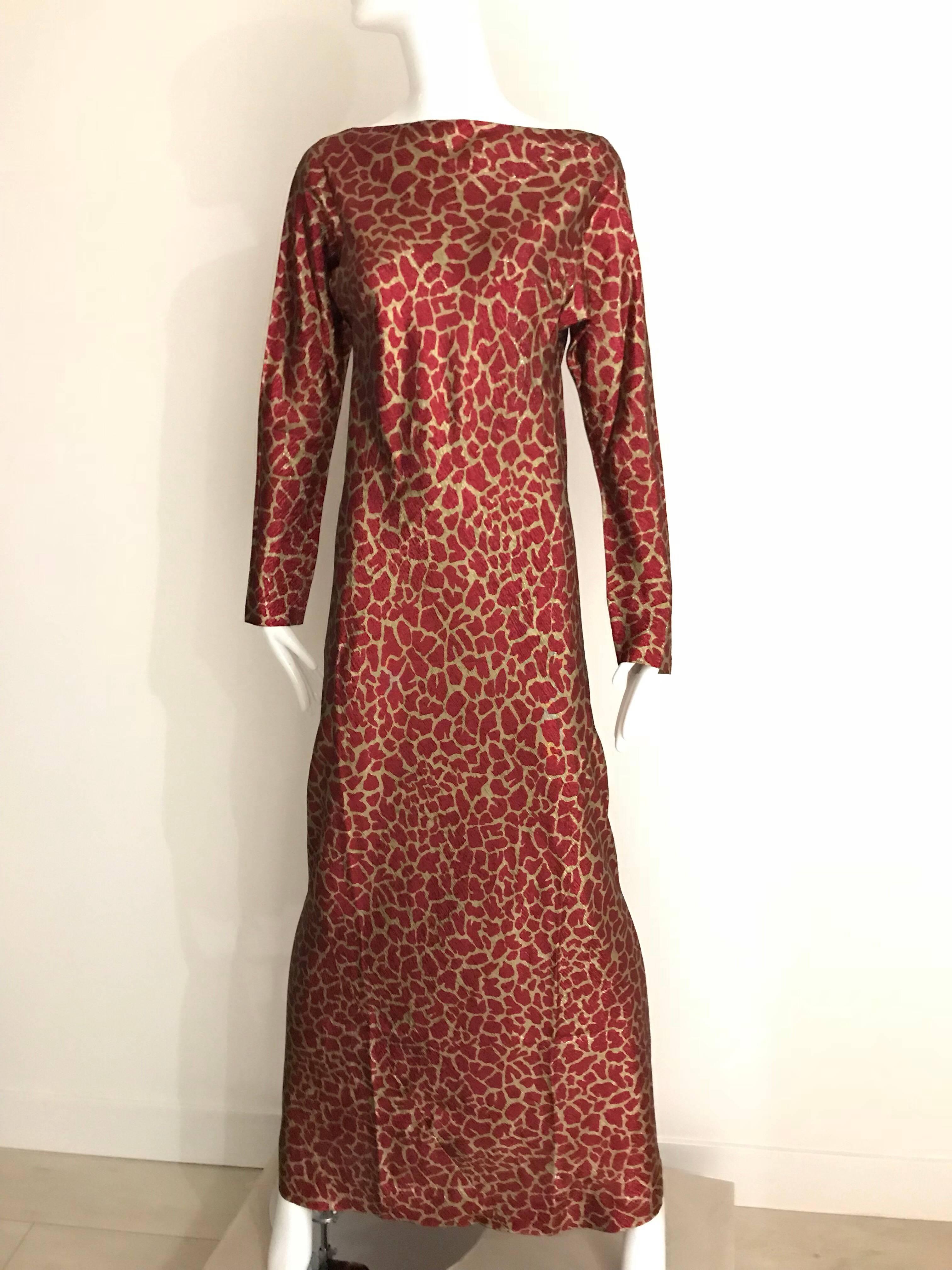 Women's HALSTON 1970s Red and Gold Metallic Print Silk Lamè Bias Cut Dress