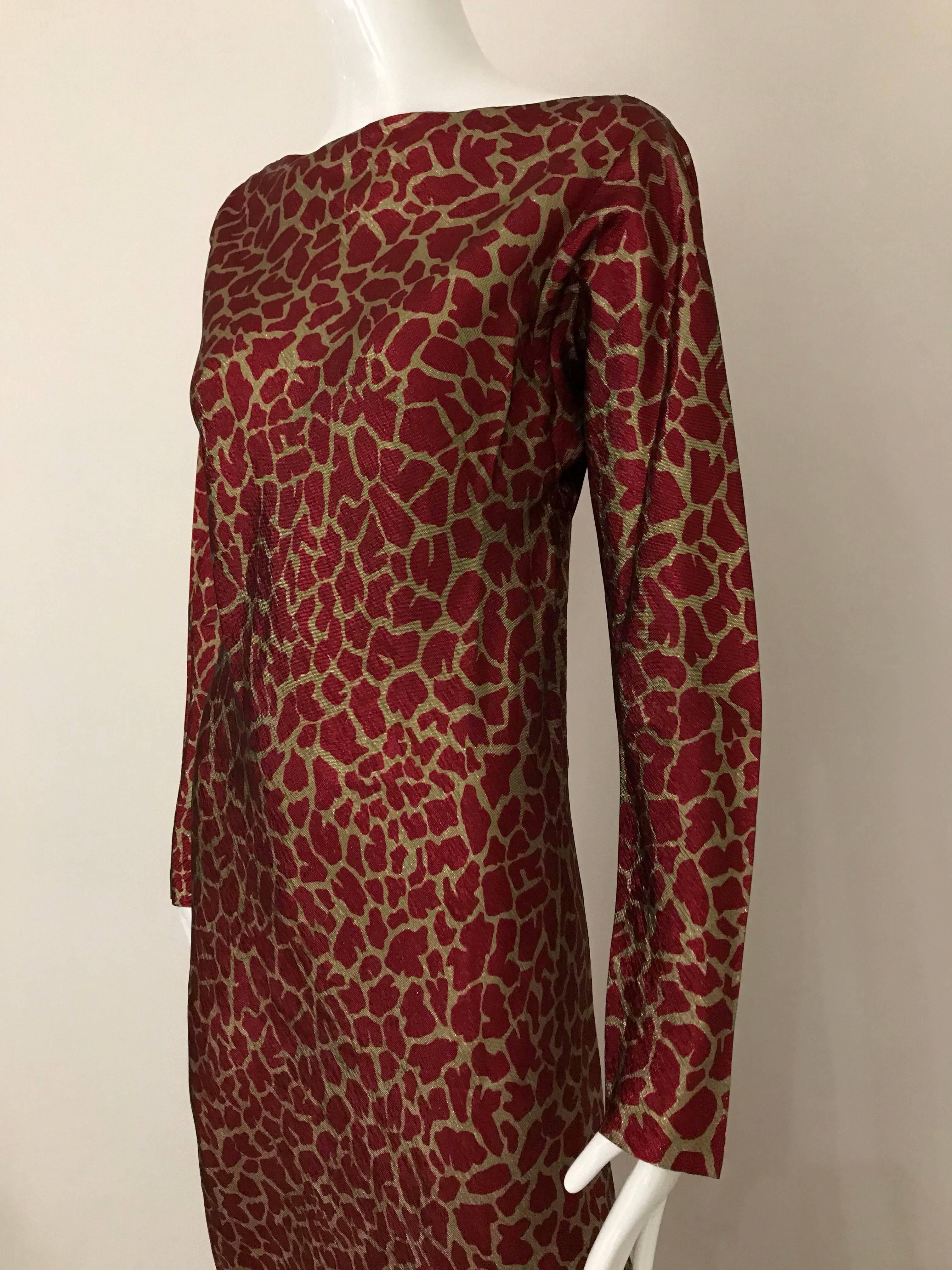 HALSTON 1970s Red and Gold Metallic Print Silk Lamè Bias Cut Dress In Good Condition In Beverly Hills, CA