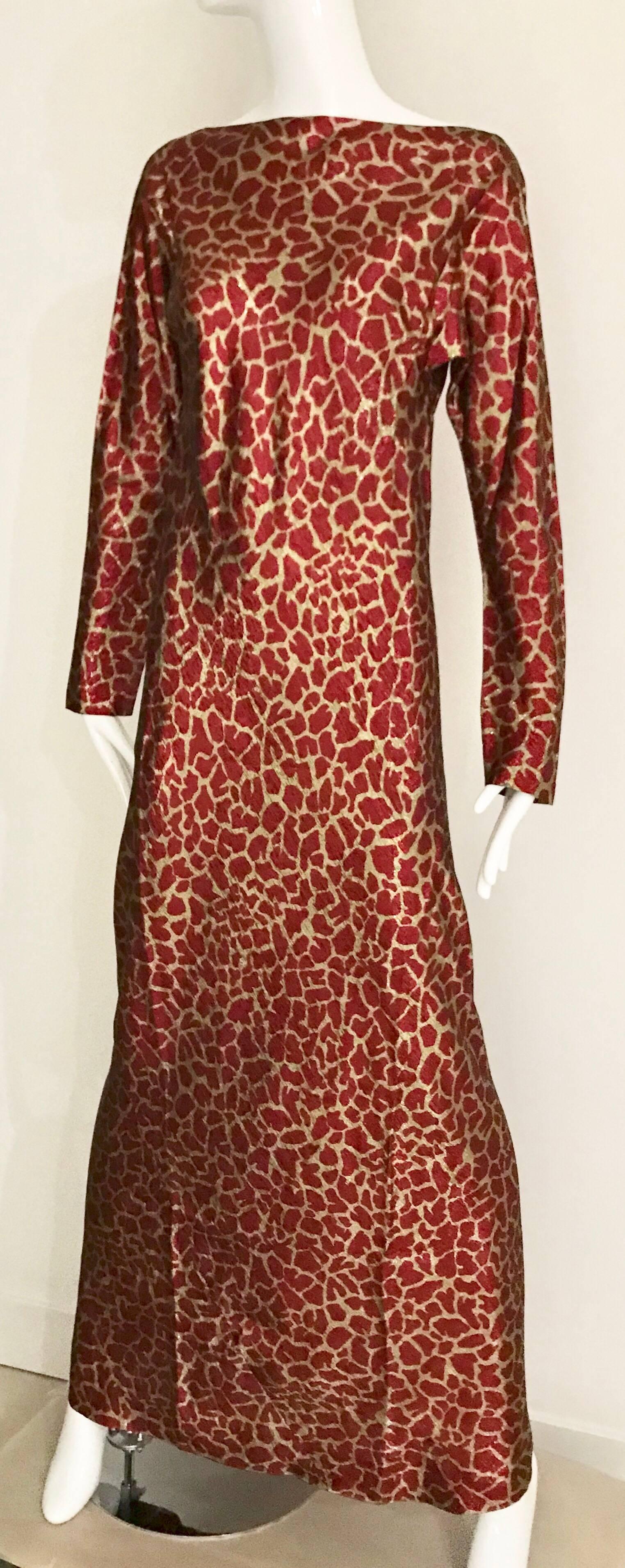 Brown HALSTON 1970s Red and Gold Metallic Print Silk Lamè Bias Cut Dress