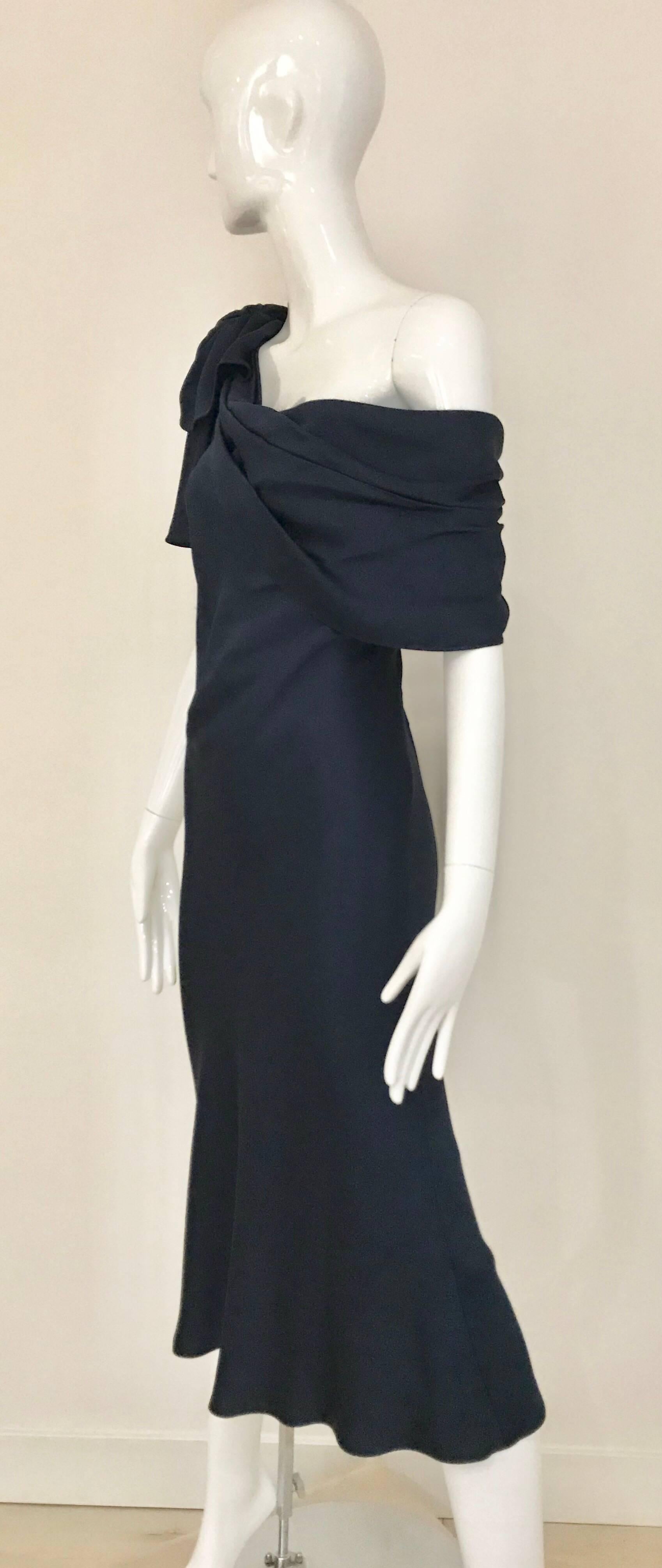 Black Christian Dior  Galliano Navy Blue Silk charmeuse  One Shoulder Cocktail Dress