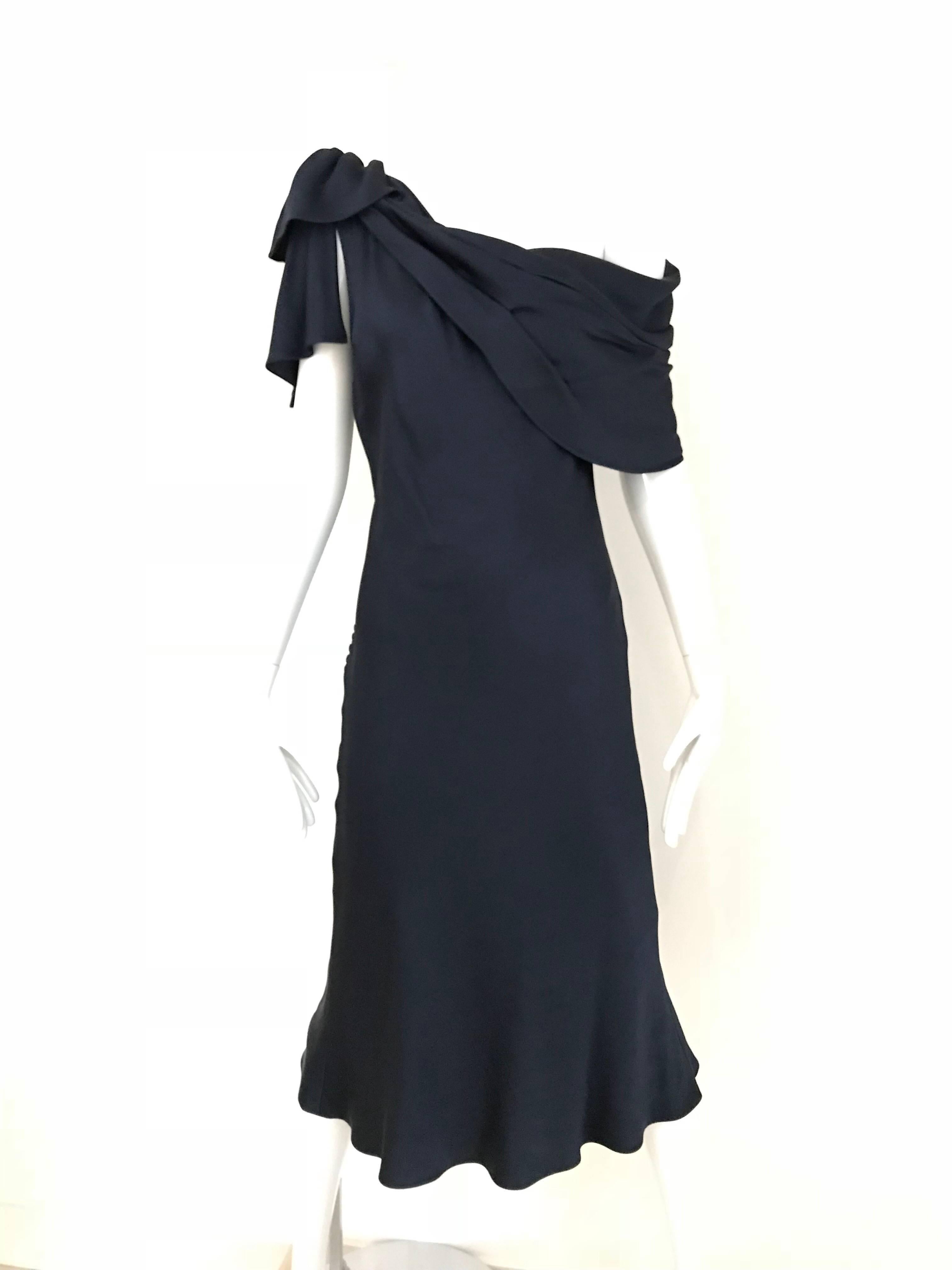 Christian Dior  Galliano Navy Blue Silk charmeuse  One Shoulder Cocktail Dress 1