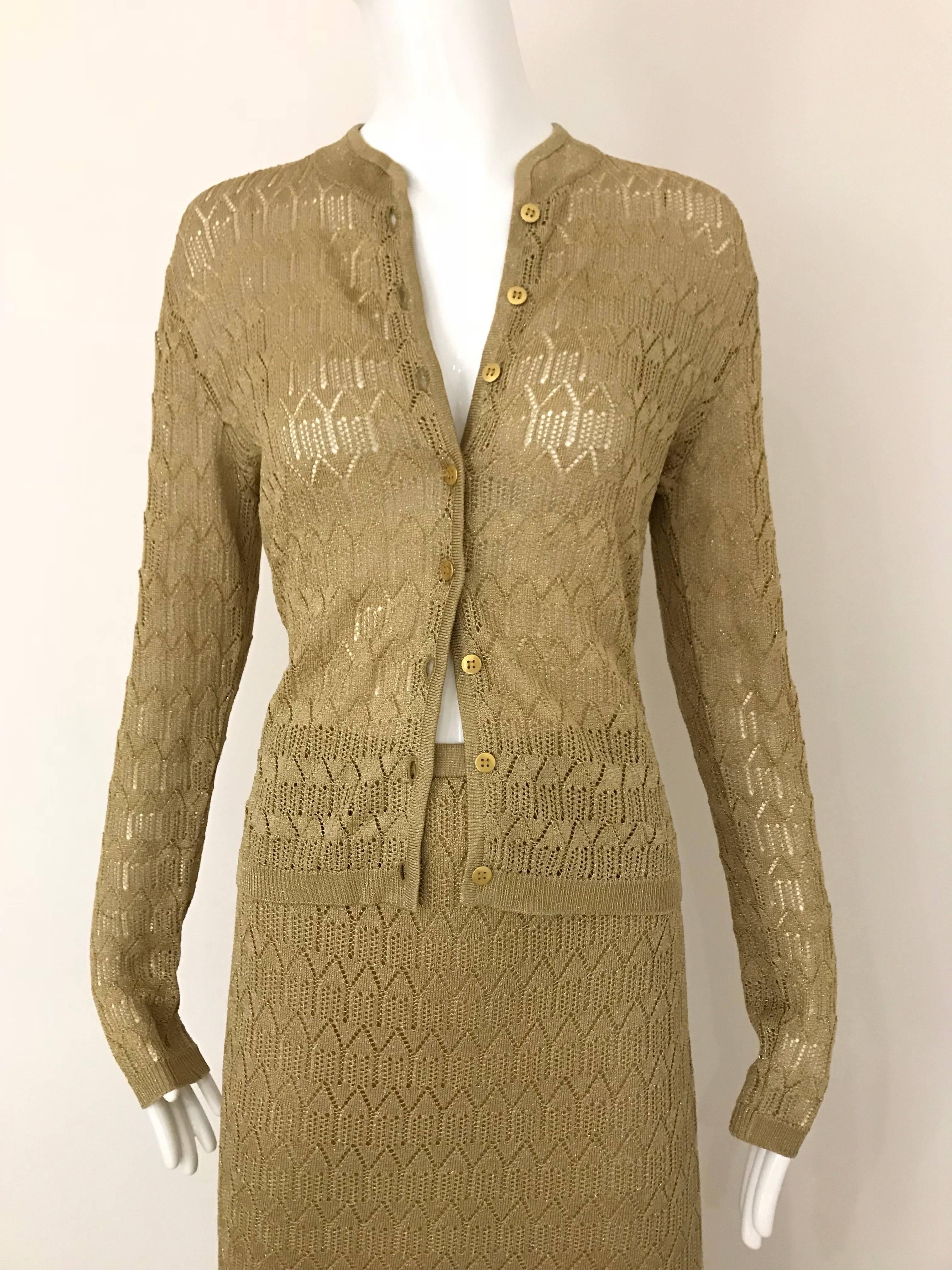 Christian Dior Gold Knit Cardigan Skirt Set In Excellent Condition In Beverly Hills, CA