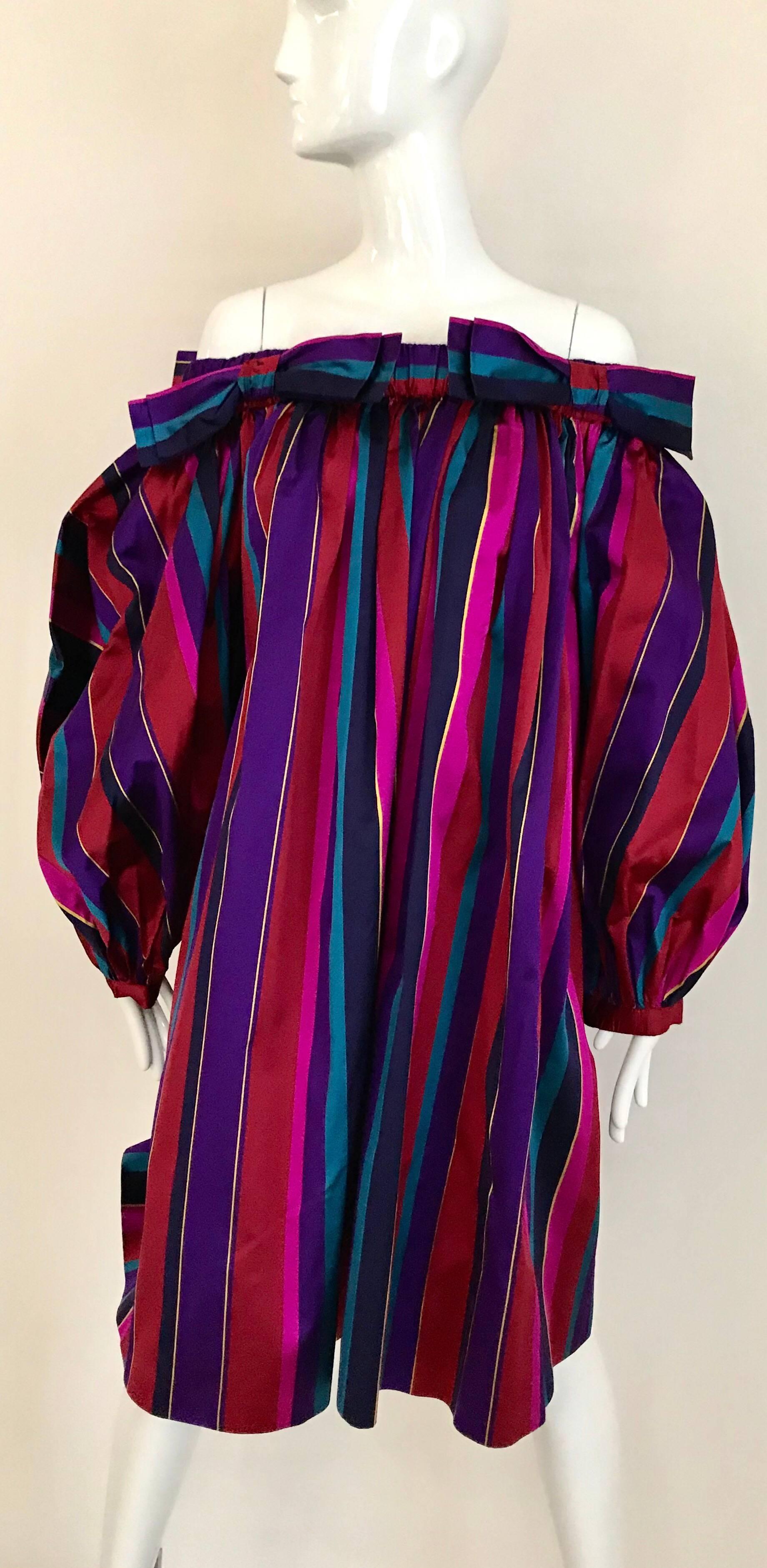 1980s Saint Laurent Red and Purple Striped Silk Dress With Oversized Sleeves In Excellent Condition In Beverly Hills, CA