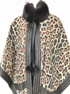 1970s Christian Dior Suede Leopard Print Cape with Fox Fur Collar