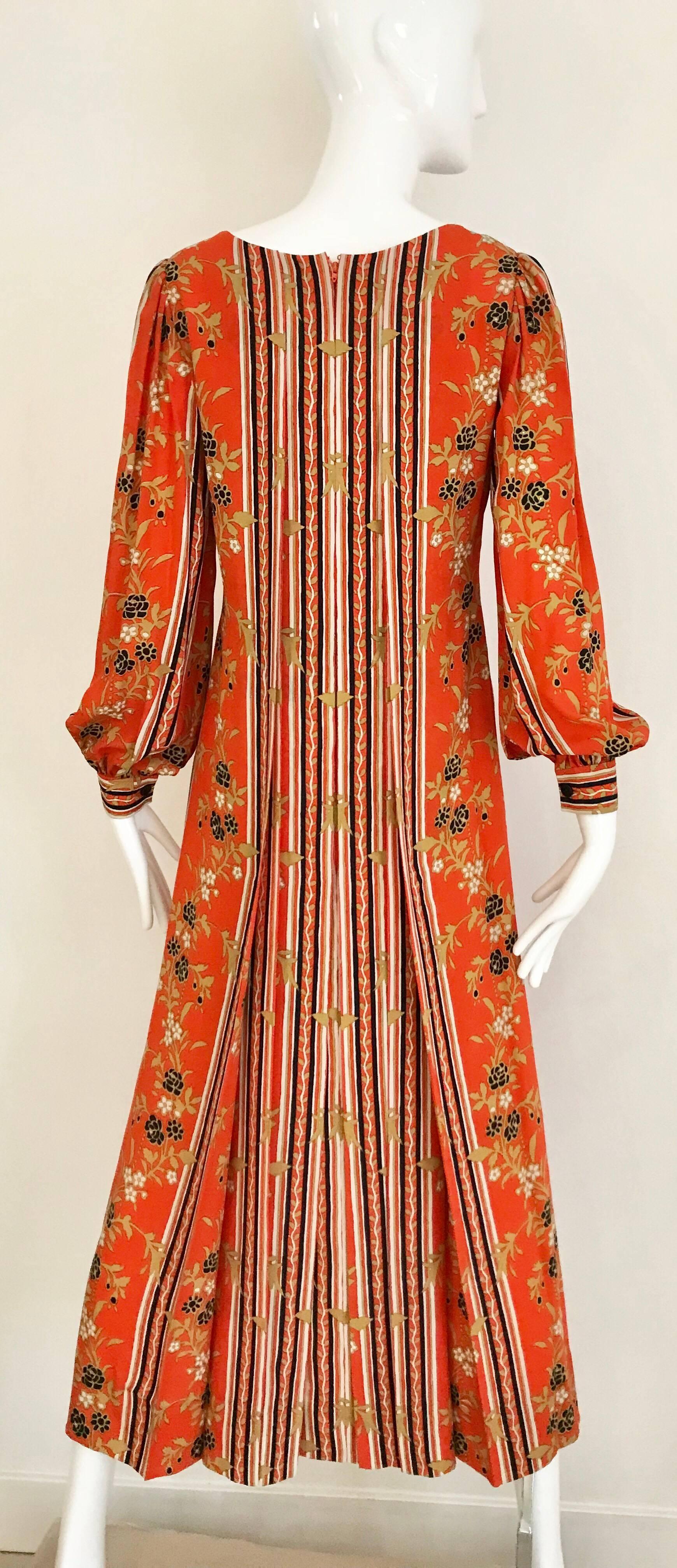 1970s GALANOS Orange and Black Floral Silk Print Dress with Vest For ...