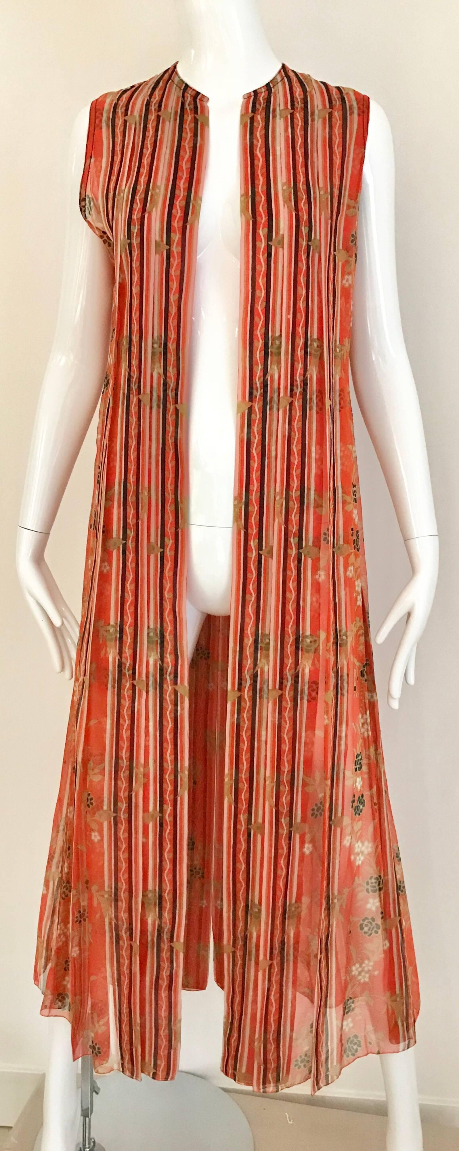 1970s GALANOS Orange and Black Floral Silk Print Dress with Vest  In Good Condition For Sale In Beverly Hills, CA