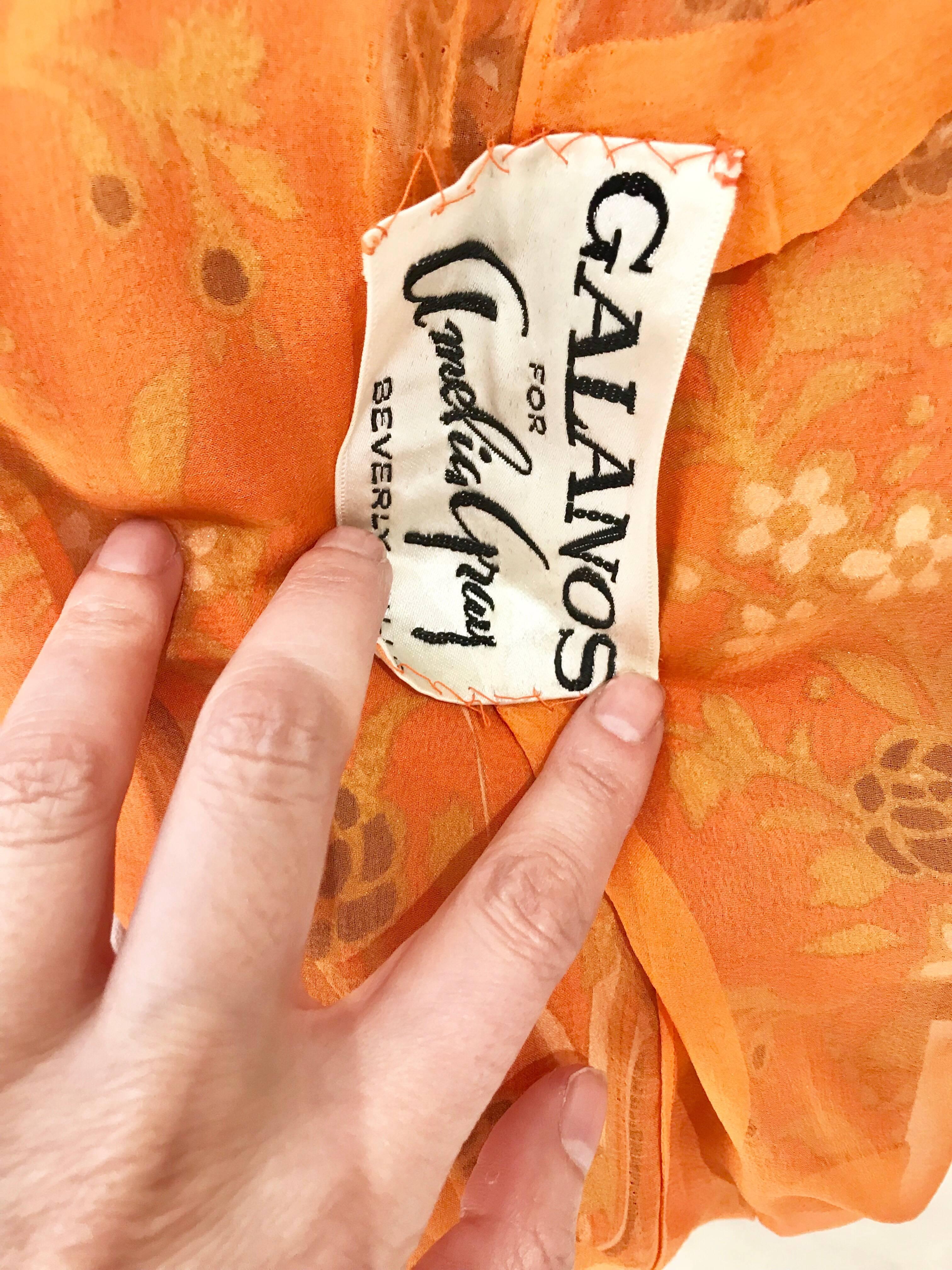 1970s GALANOS Orange and Black Floral Silk Print Dress with Vest  For Sale 1