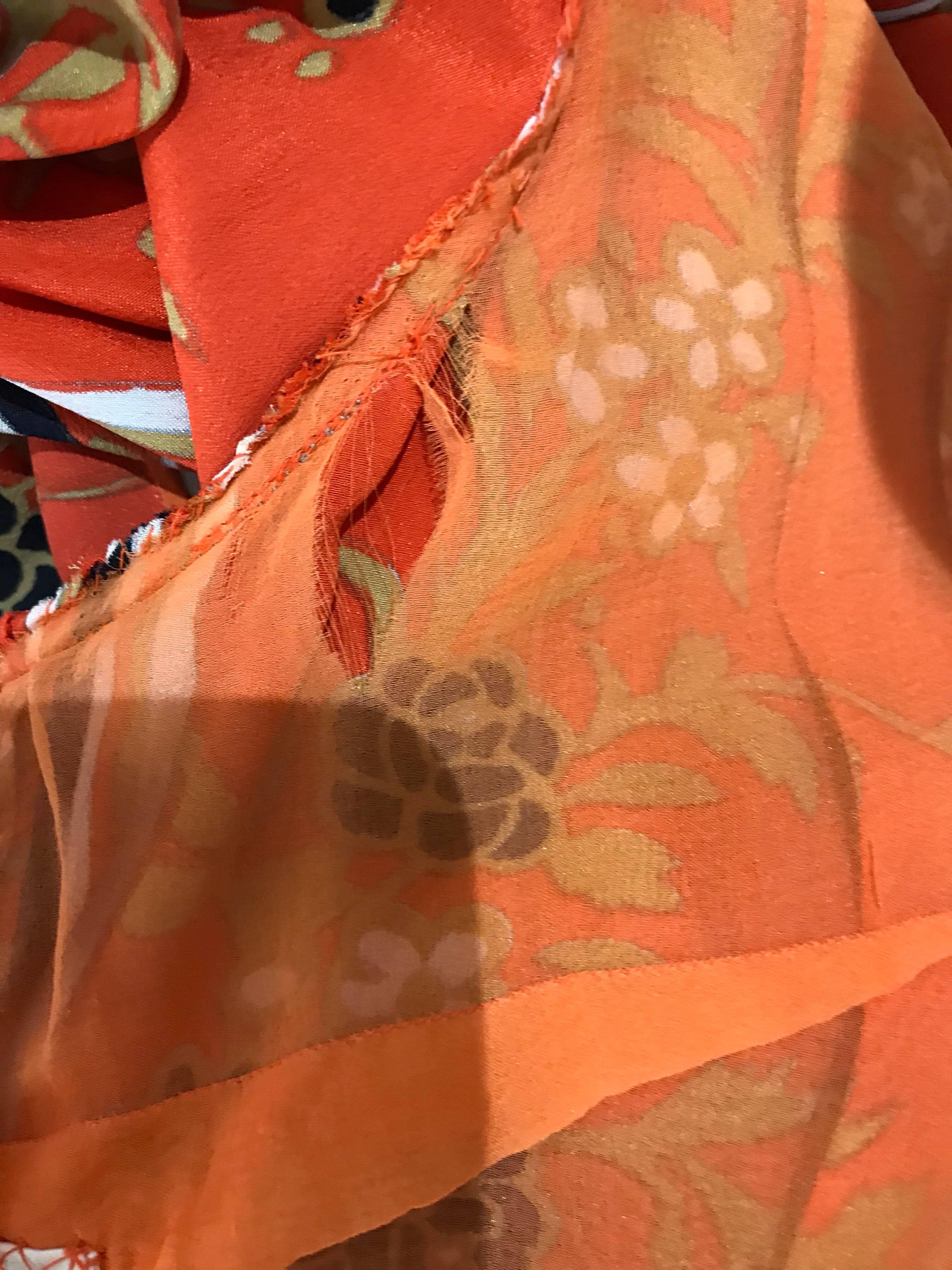1970s GALANOS Orange and Black Floral Silk Print Dress with Vest  For Sale 2