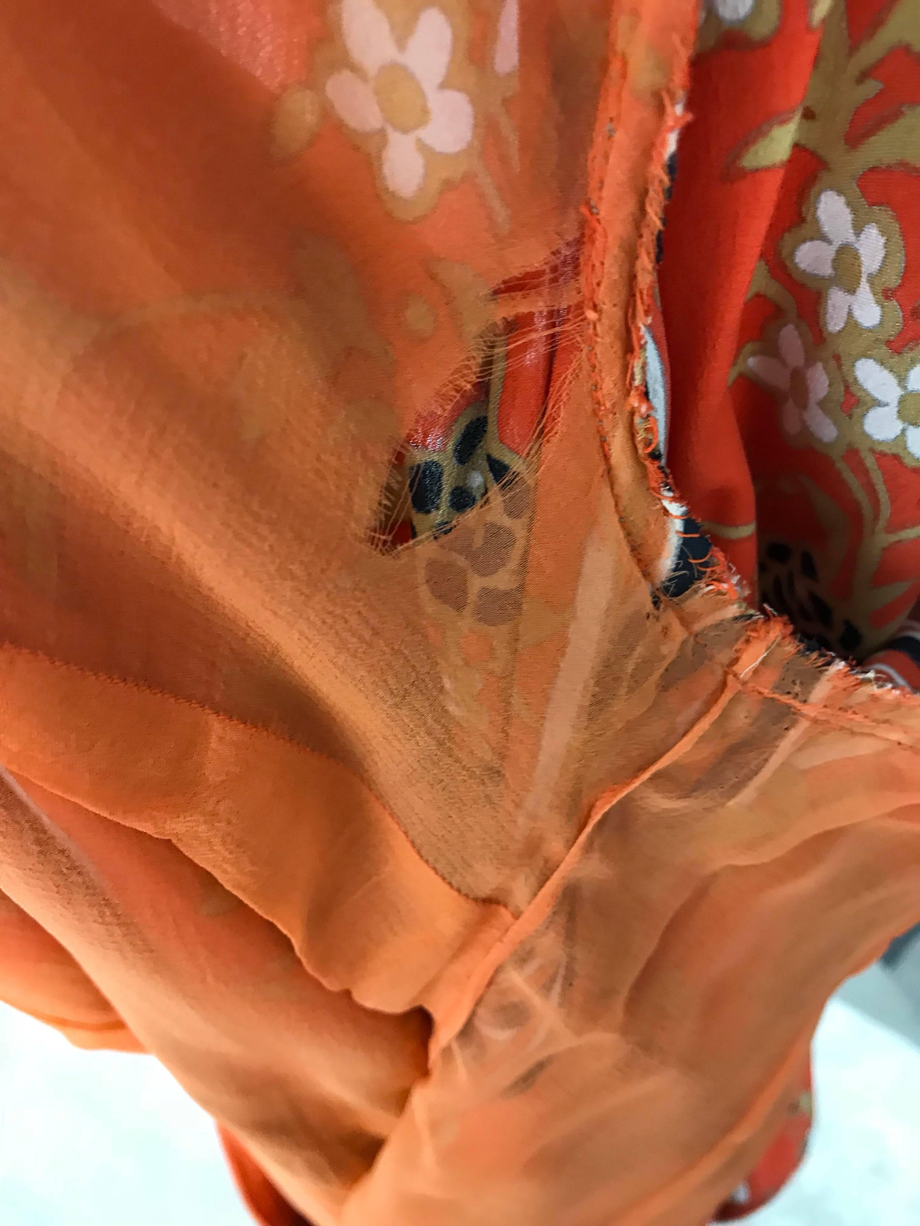 1970s GALANOS Orange and Black Floral Silk Print Dress with Vest  For Sale 3