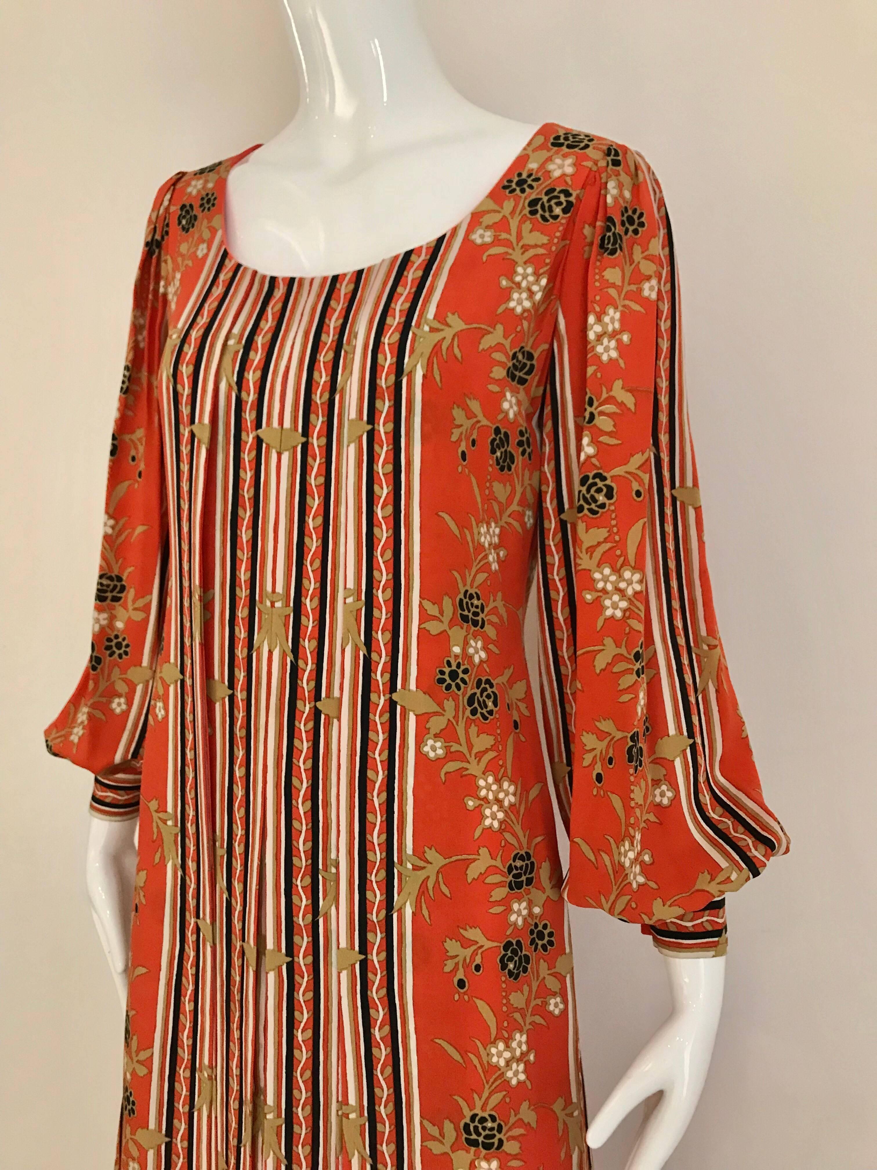 1970s GALANOS Orange and Black Floral Silk Print Dress with Vest  For Sale 4