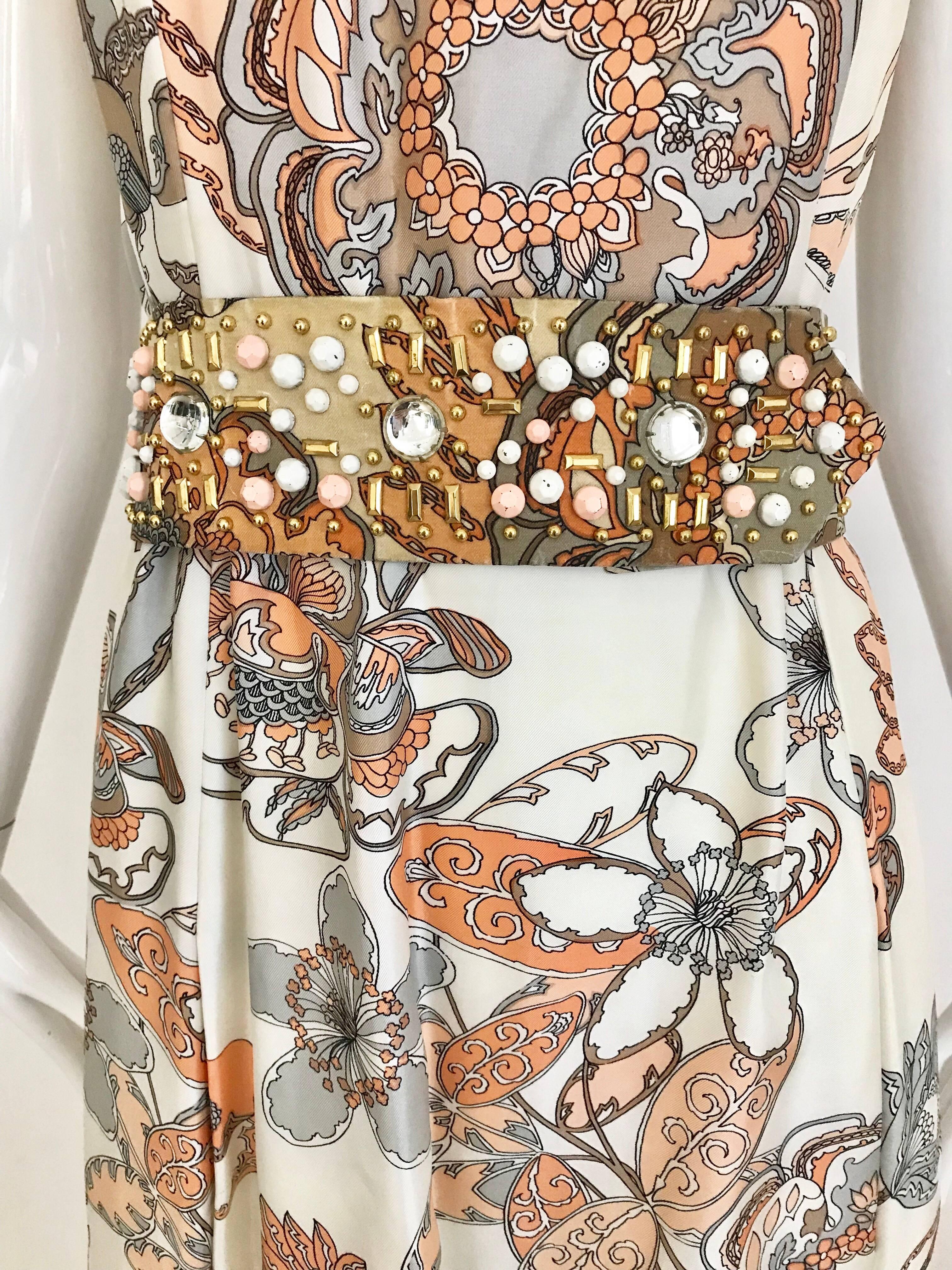 1970s Malcolm Starr Creme and Peach Floral Print Silk Dress with Jeweled belt In Good Condition In Beverly Hills, CA
