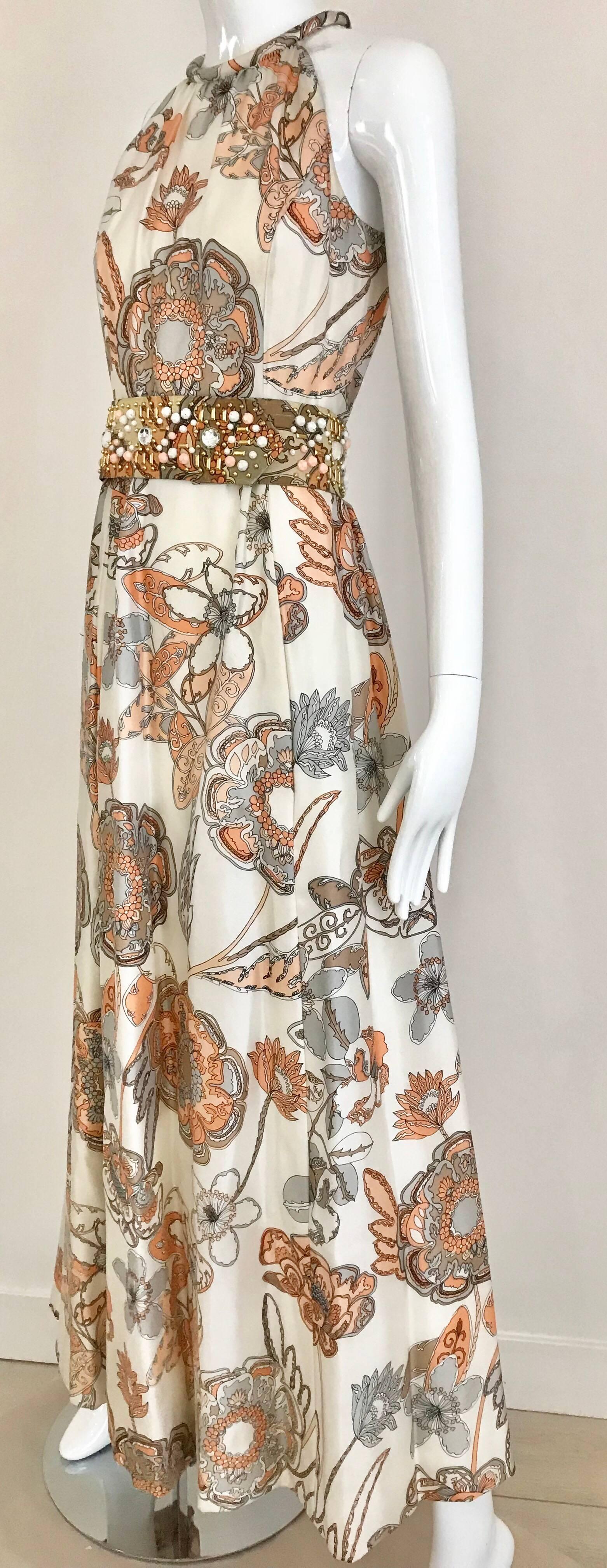 Women's 1970s Malcolm Starr Creme and Peach Floral Print Silk Dress with Jeweled belt