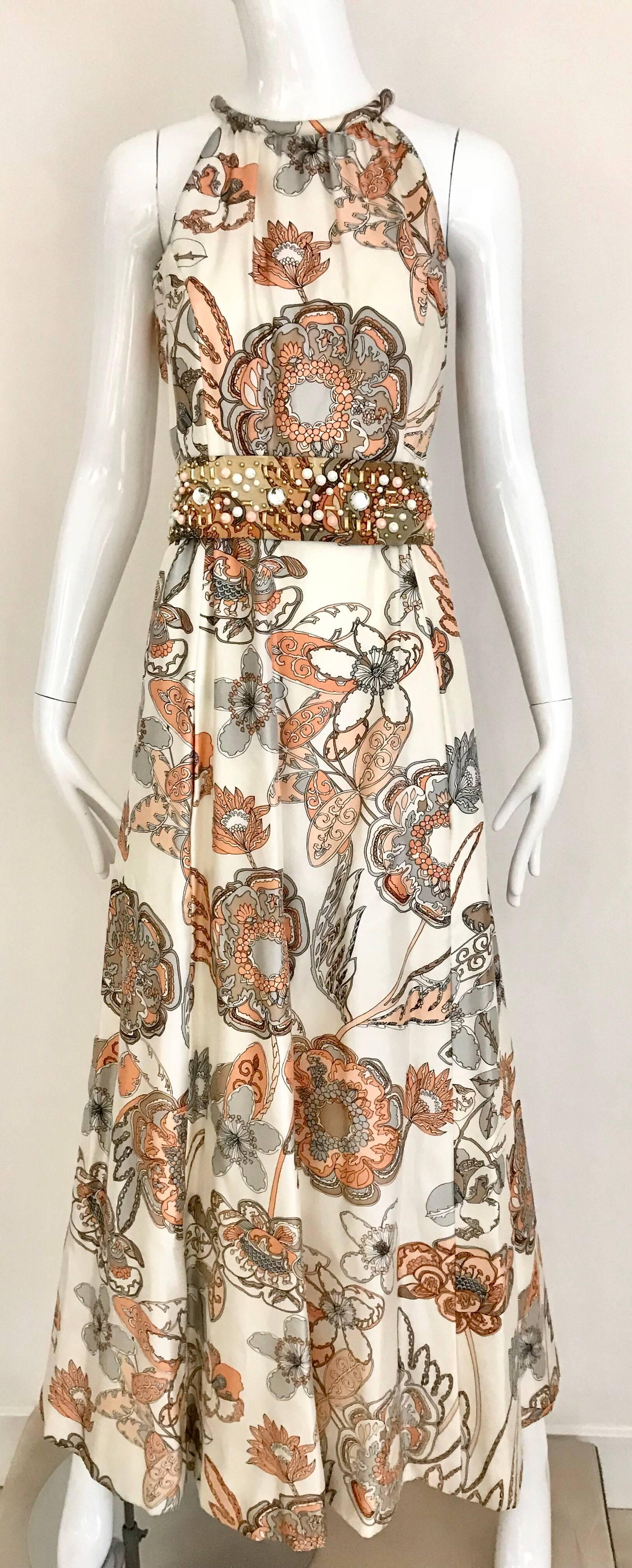 1970s Malcolm Starr Creme and Peach Floral Print Silk Dress with Jeweled belt 1