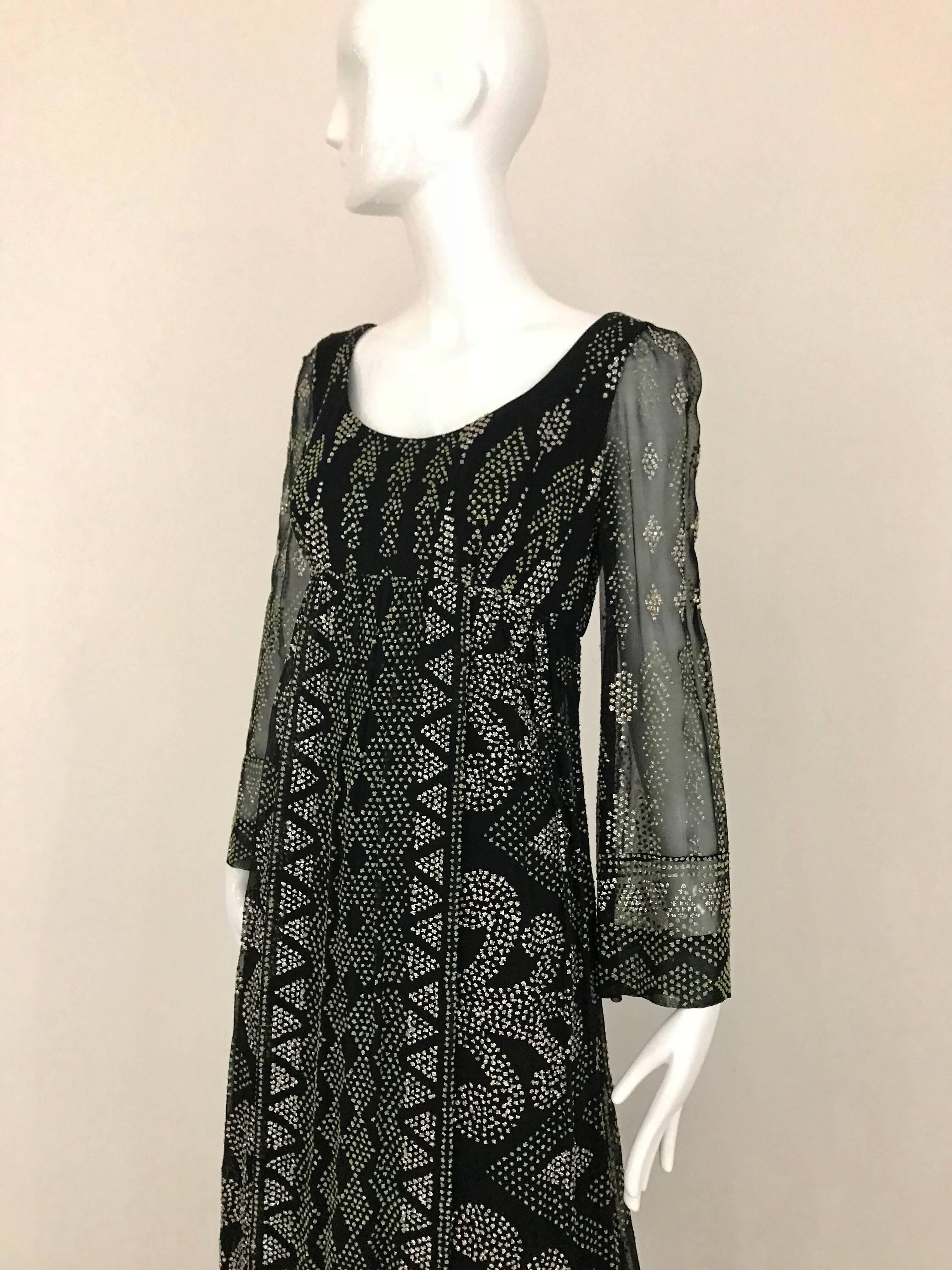1970s Alfred Bosand Black Metallic Glitter Maxi Dress In Good Condition For Sale In Beverly Hills, CA
