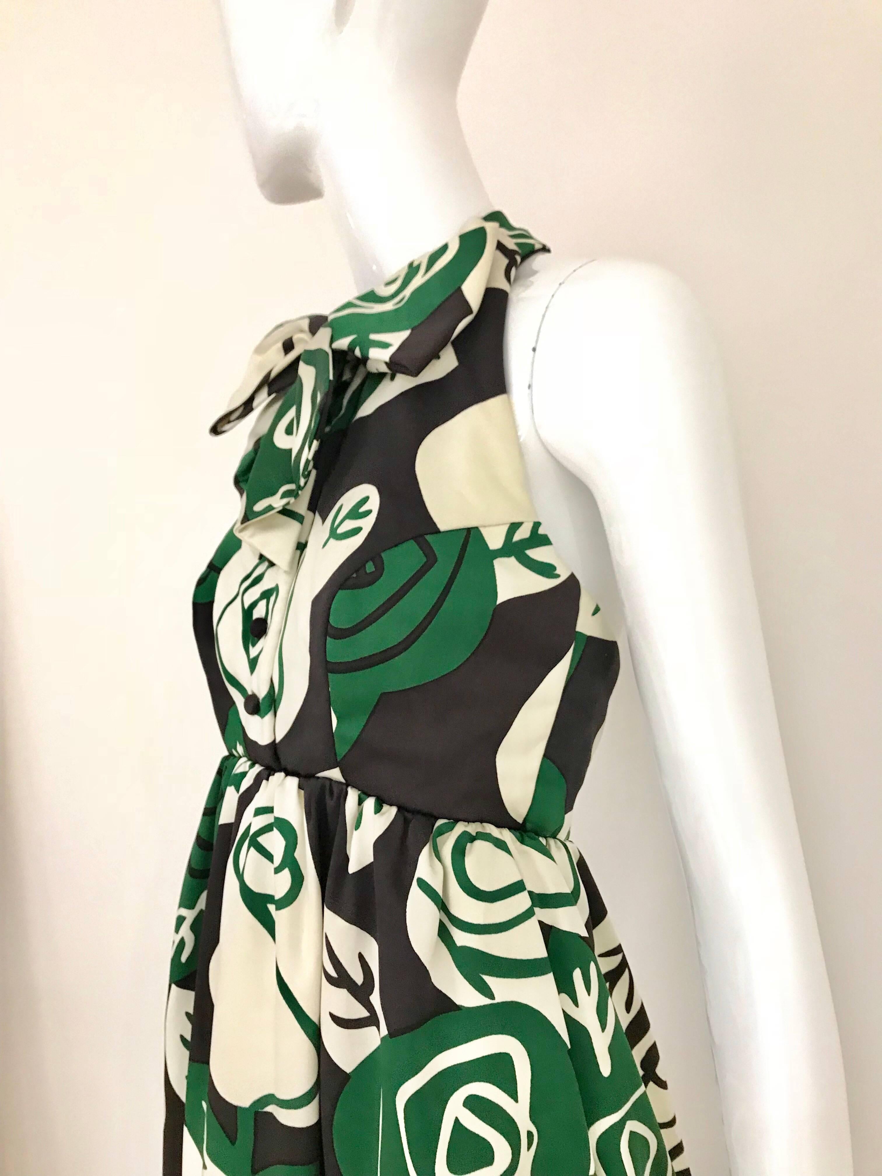Black 1960s Geoffrey Beene Green and White Floral Print Sleeveless Maxi Dress with Bow