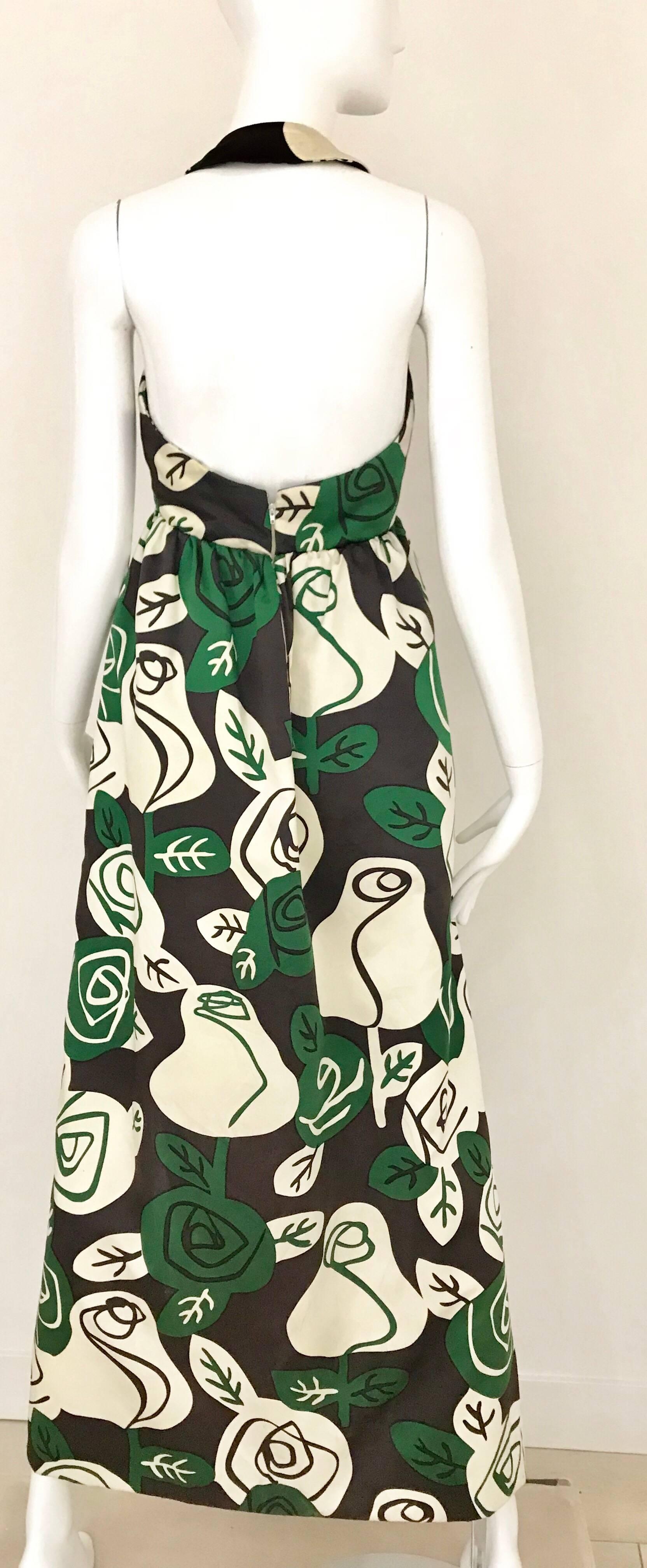 Women's 1960s Geoffrey Beene Green and White Floral Print Sleeveless Maxi Dress with Bow