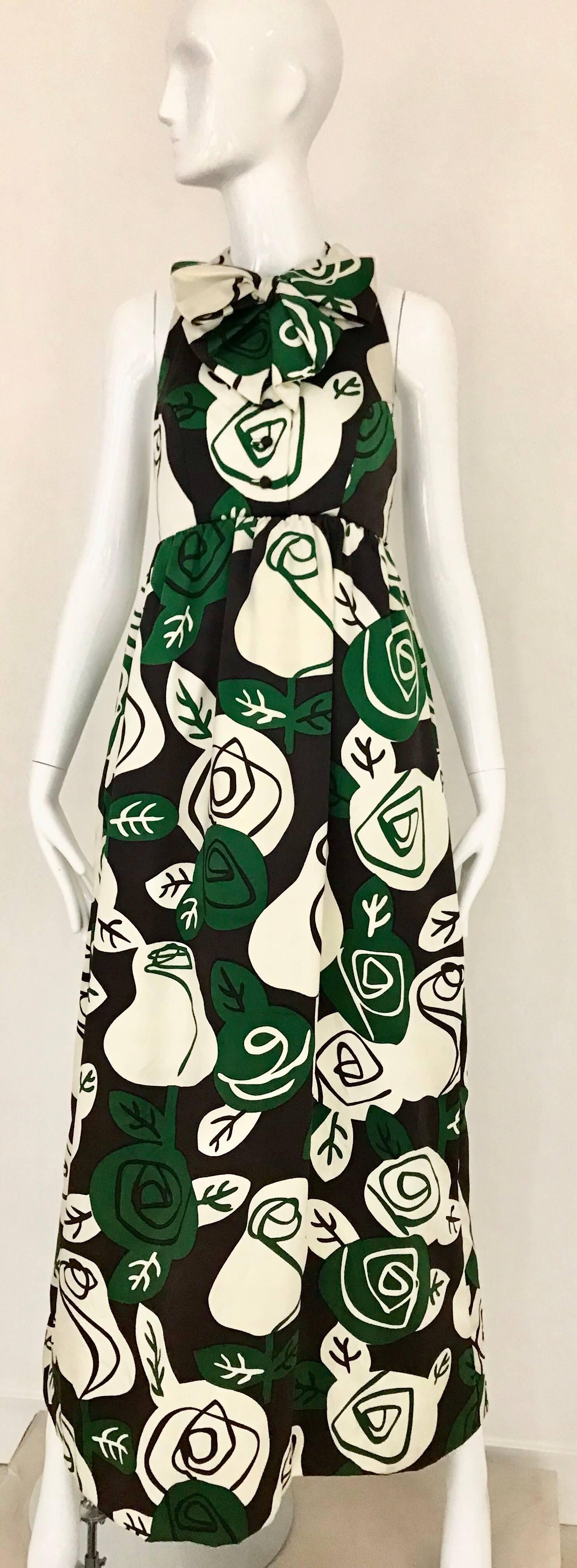 1960s Geoffrey Beene Green and White Floral Print Sleeveless Maxi Dress with Bow 1