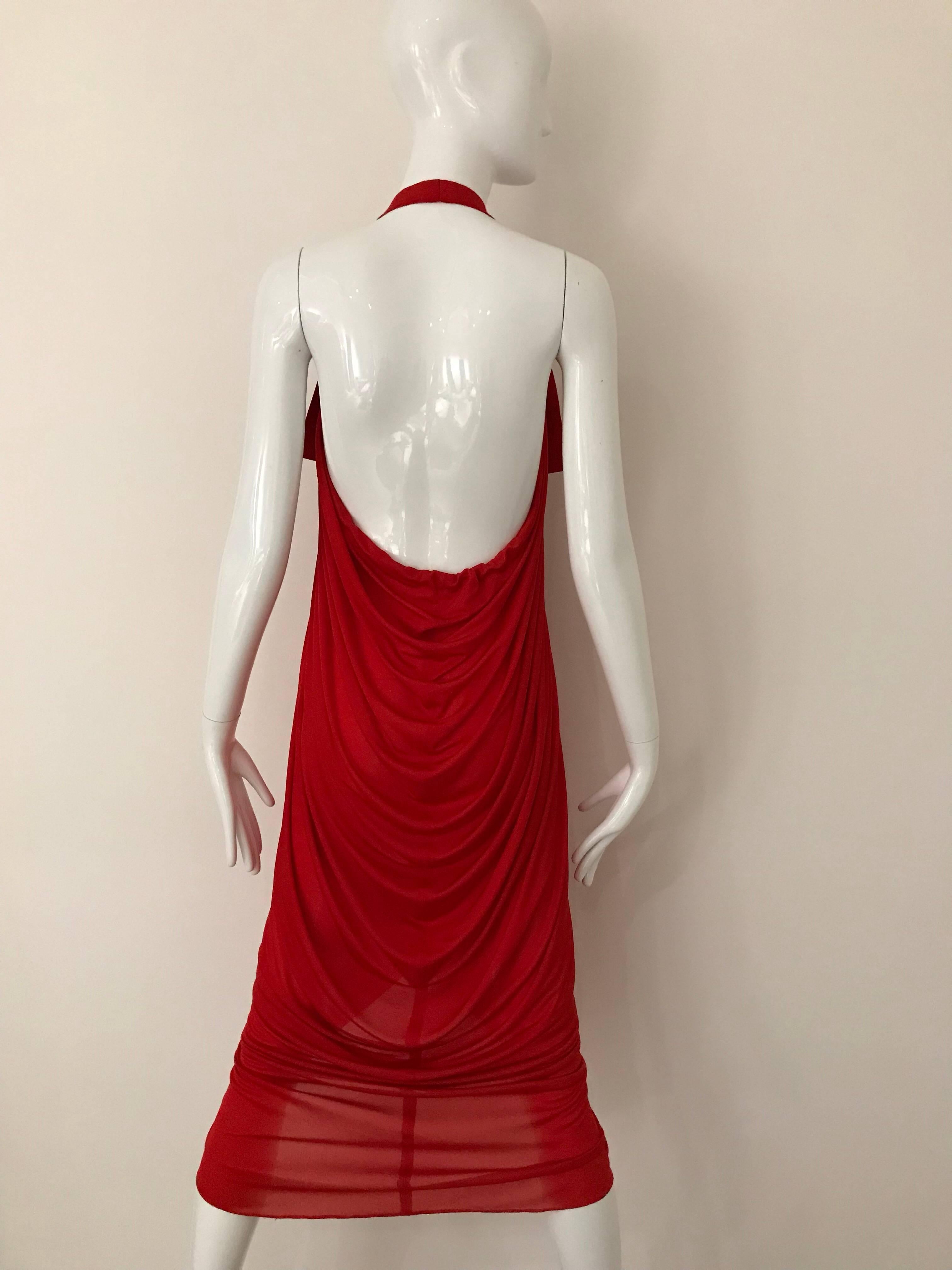 1990er Hall Ludlow Rotes Vintage-Halterkleid aus Jersey mit Schal im Angebot 3