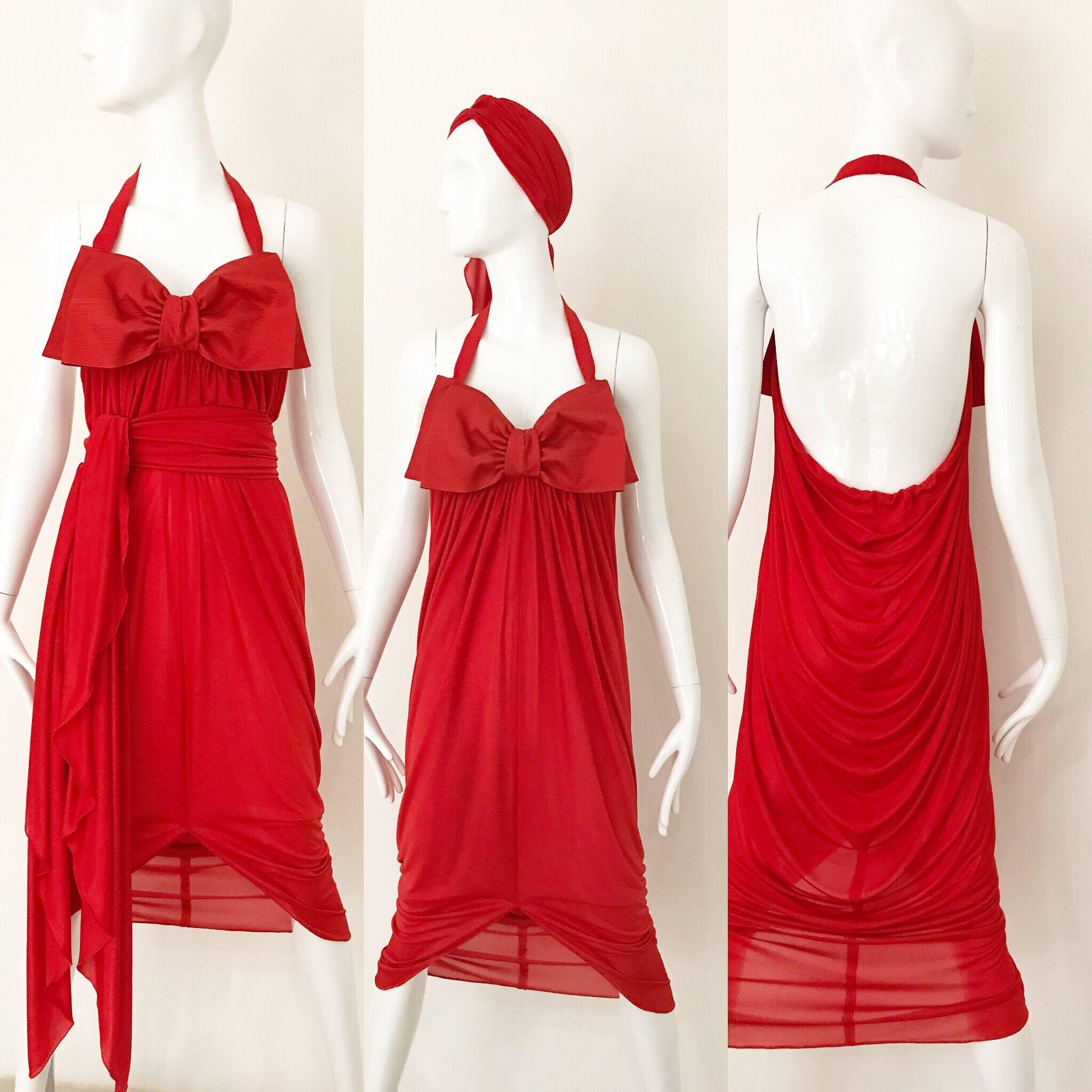 1990er Hall Ludlow Rotes Vintage-Halterkleid aus Jersey mit Schal im Angebot 1