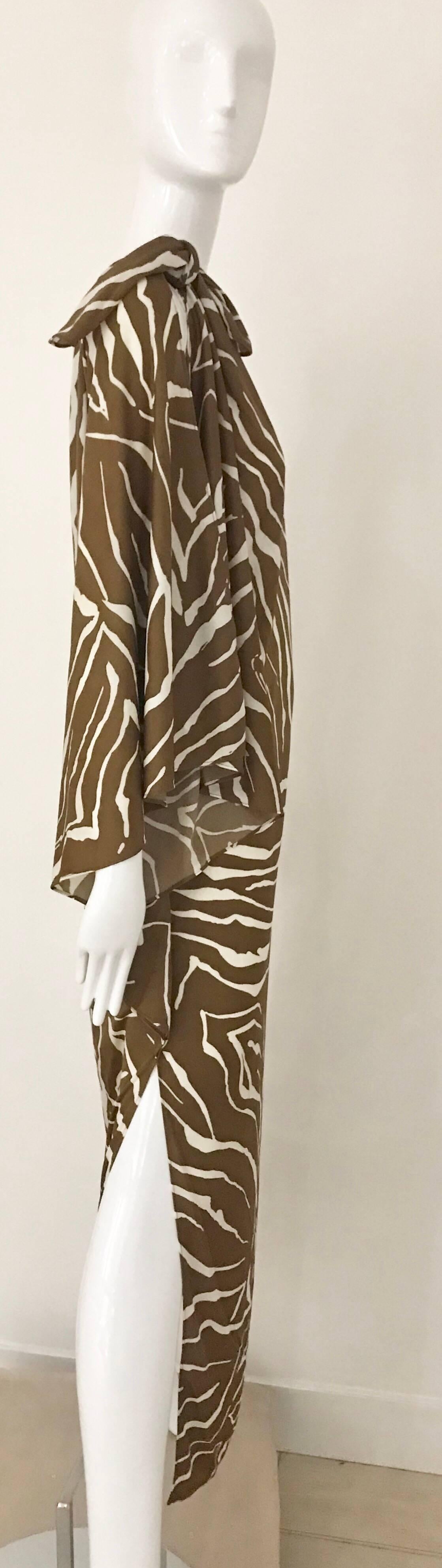 Brown 1970s Bill Tice Zebra Print One Shoulder Jersey Dress