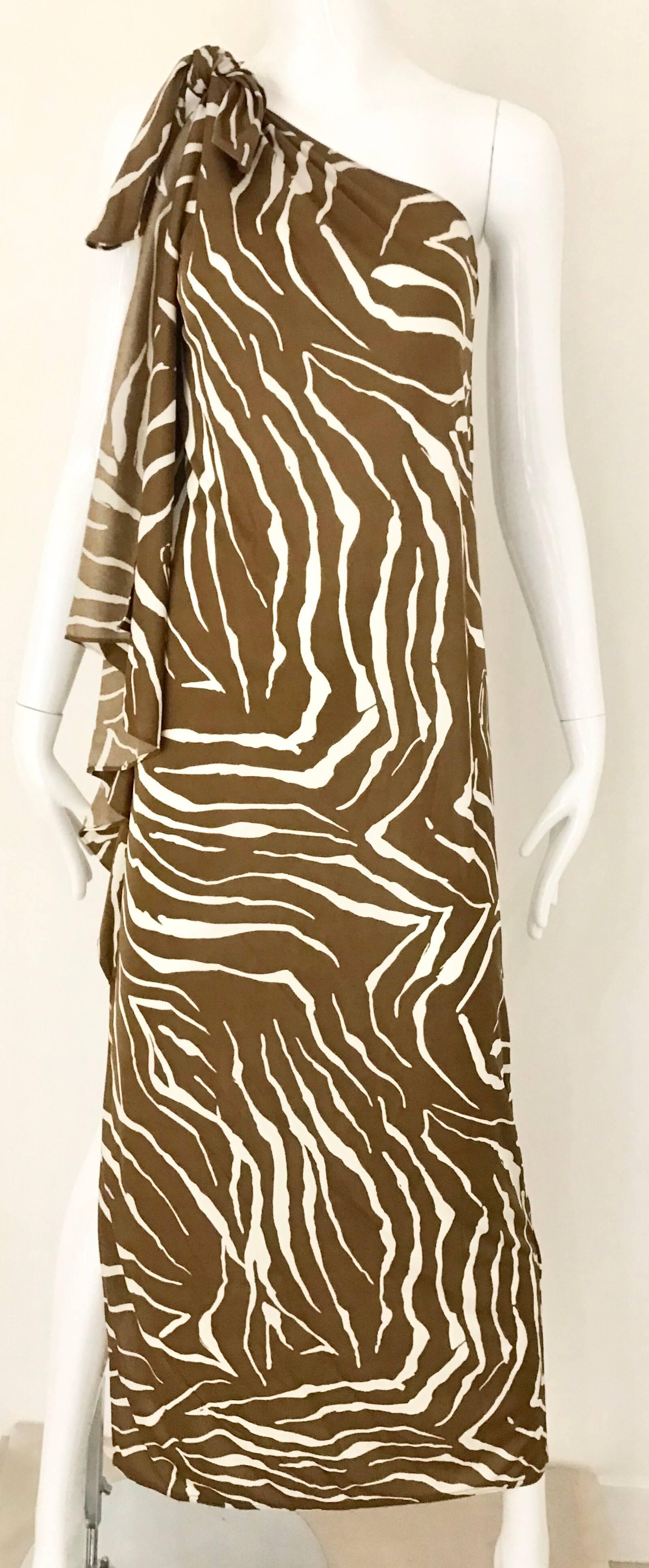 1970s Bill Tice Zebra Print One Shoulder Jersey Dress 1