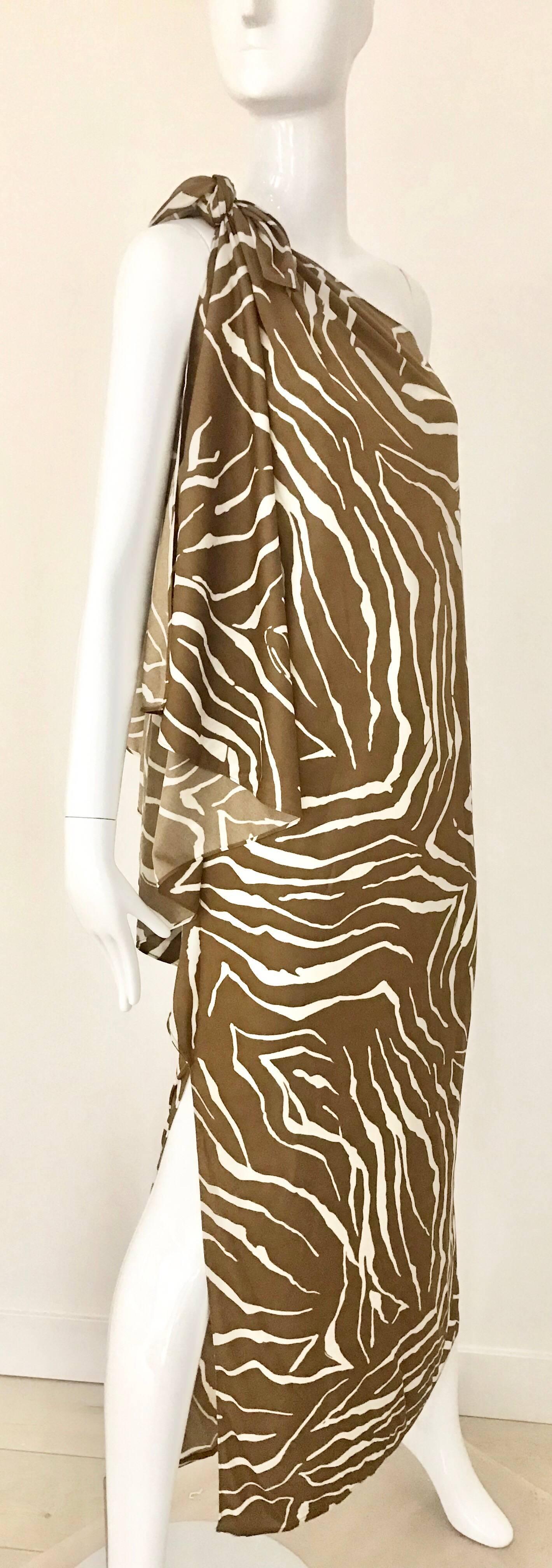 1970s Bill Tice Zebra Print One Shoulder Jersey Dress 2