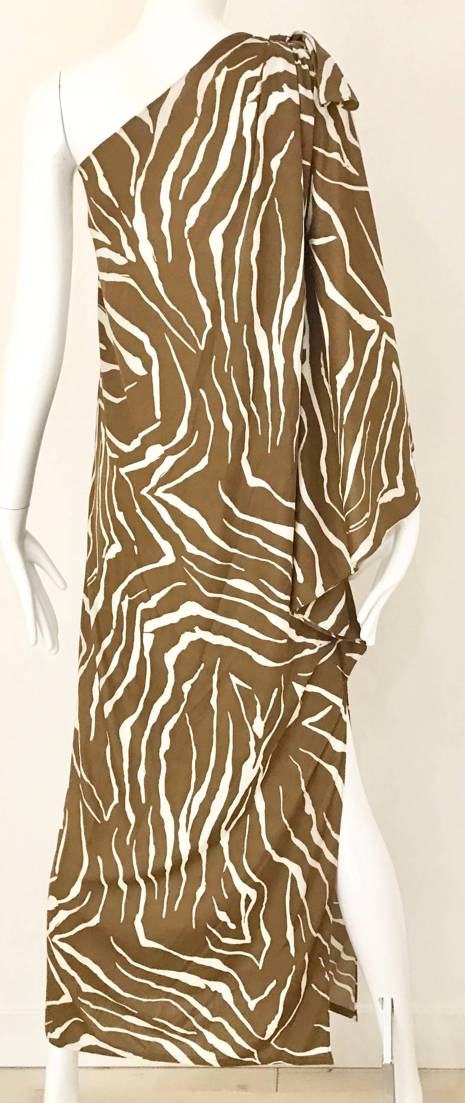 1970s Bill Tice Zebra Print One Shoulder Jersey Dress 4