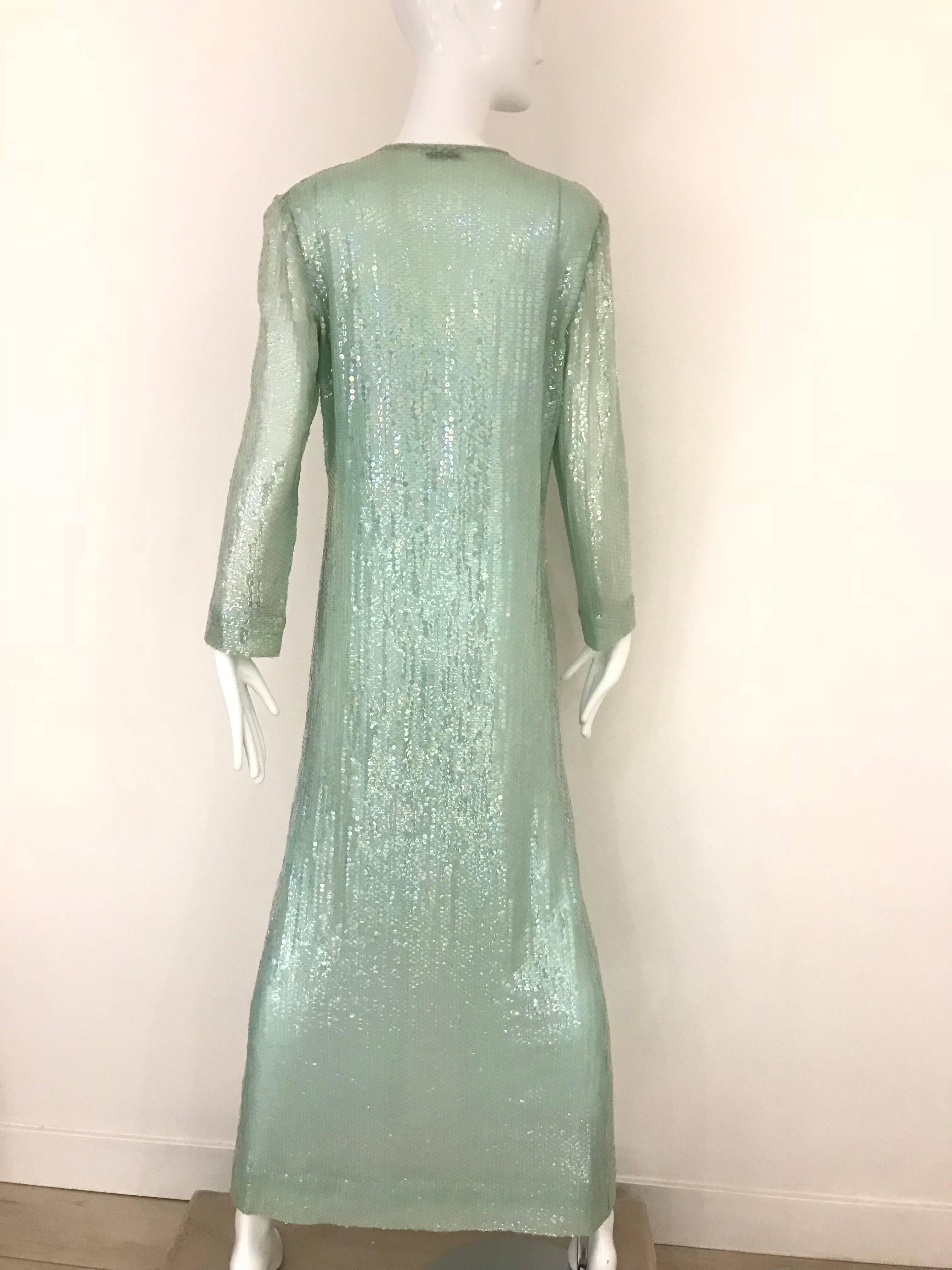 1970s HALSTON Minty Green Iridescent Sequin Kaftan Dress  1