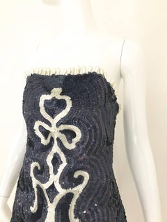 2014 Runway Margiela Blue and White Sequin Bustier Top with Pearls