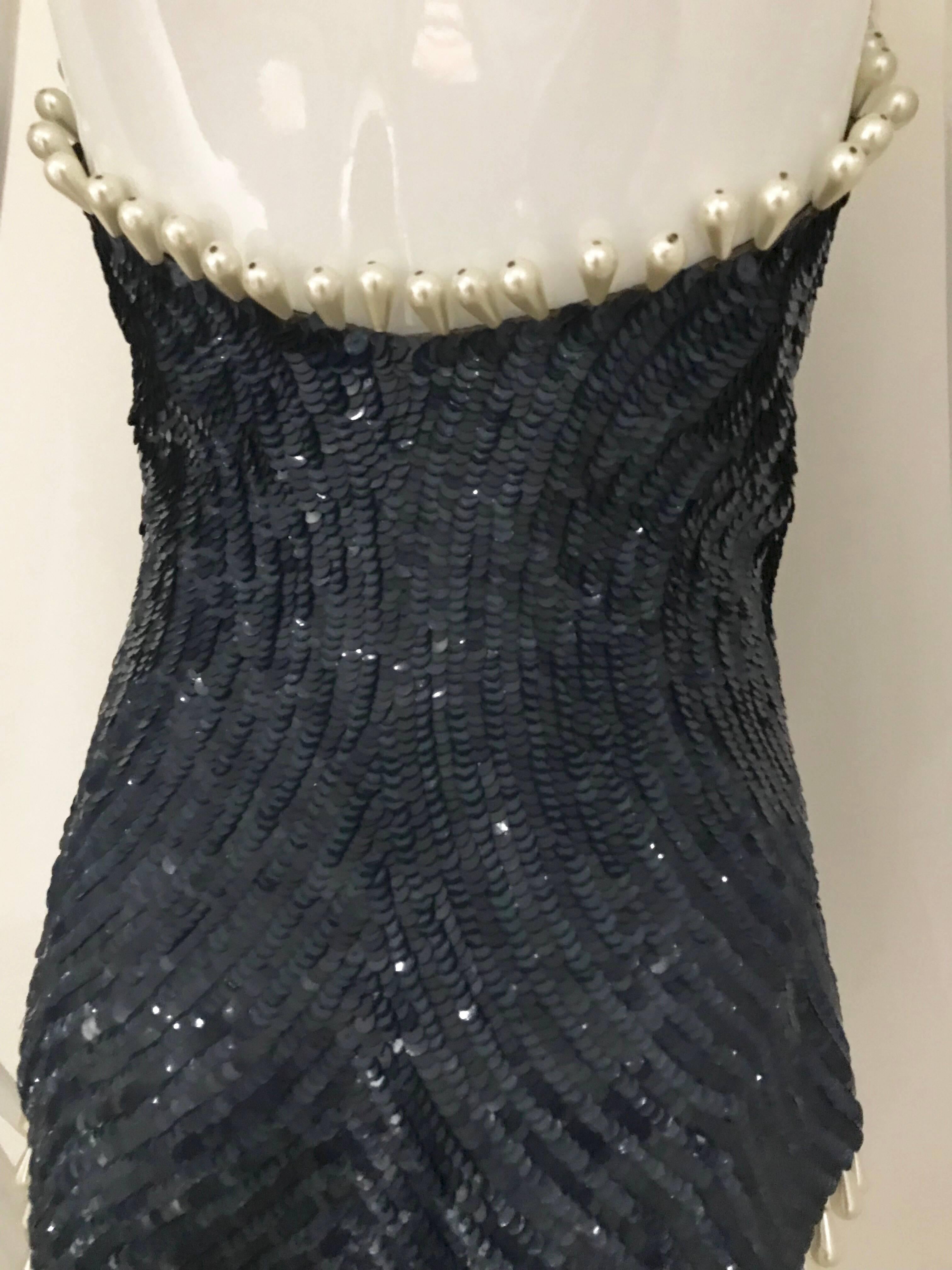 Black 2014 Runway Margiela Blue and White Sequin Bustier Top with Pearls For Sale