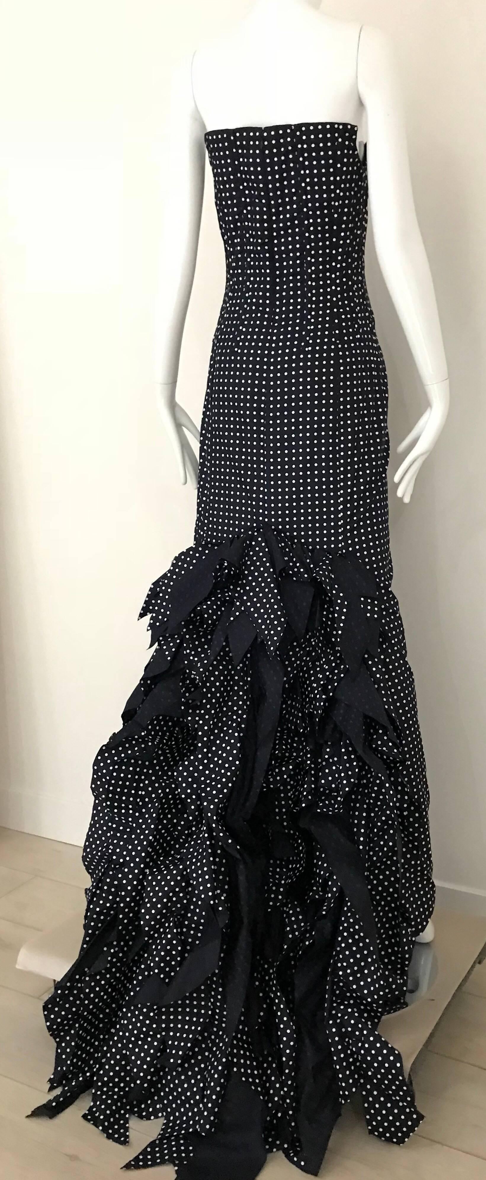 Black Oscar De La Renta polka dot Strapless Gown with Ruffles 