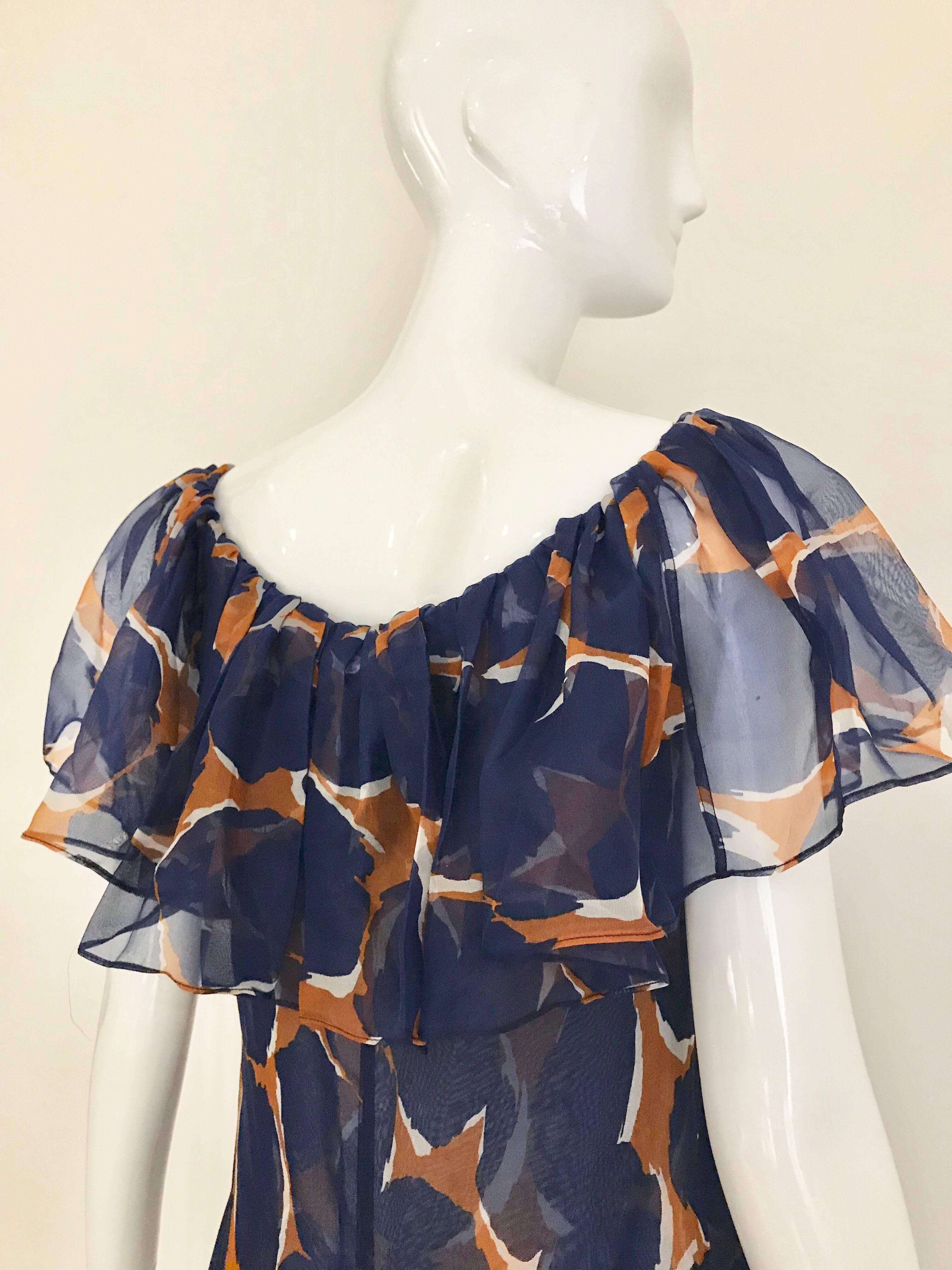 Vintage Yves Saint Laurent Blue and Brown Print Flamenco Style Silk Dress In Excellent Condition In Beverly Hills, CA