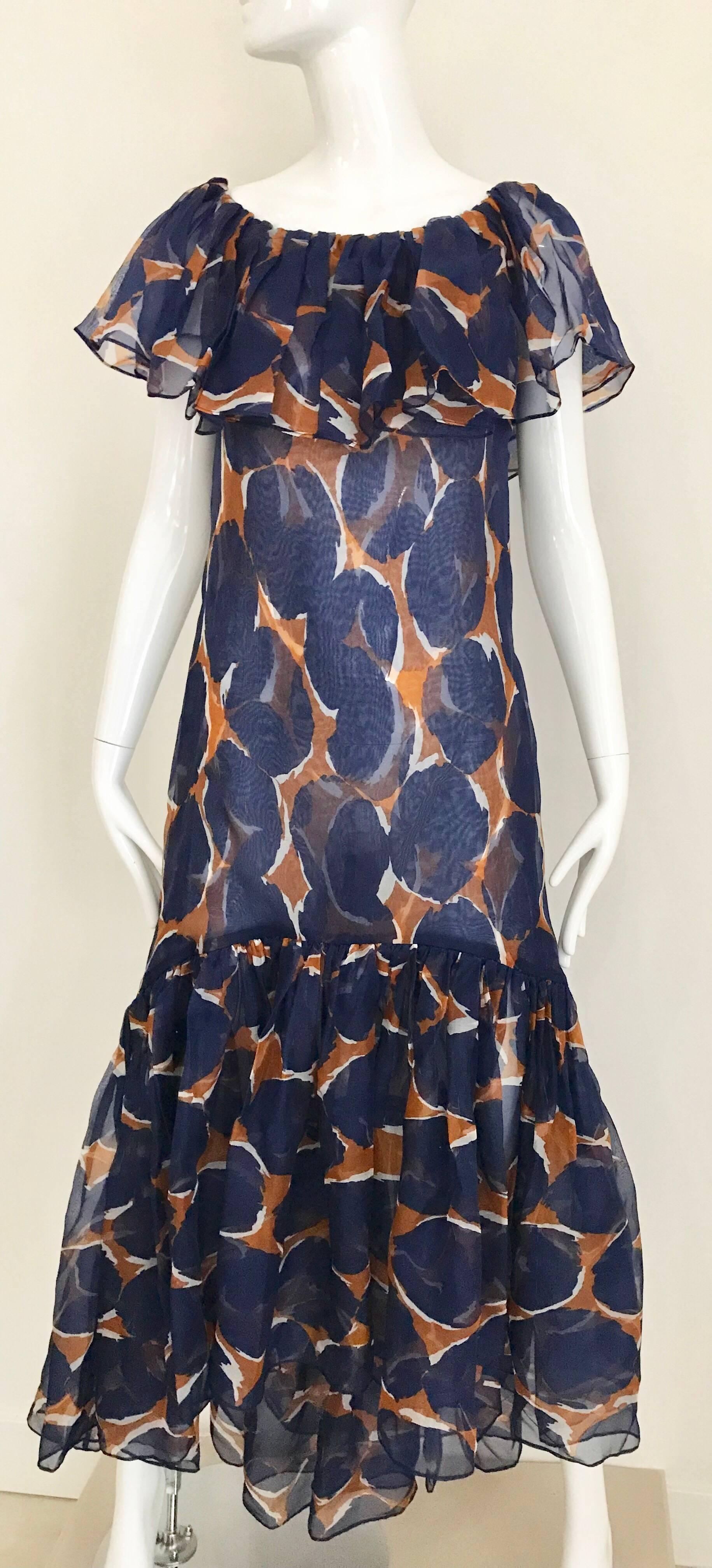 Women's Vintage Yves Saint Laurent Blue and Brown Print Flamenco Style Silk Dress