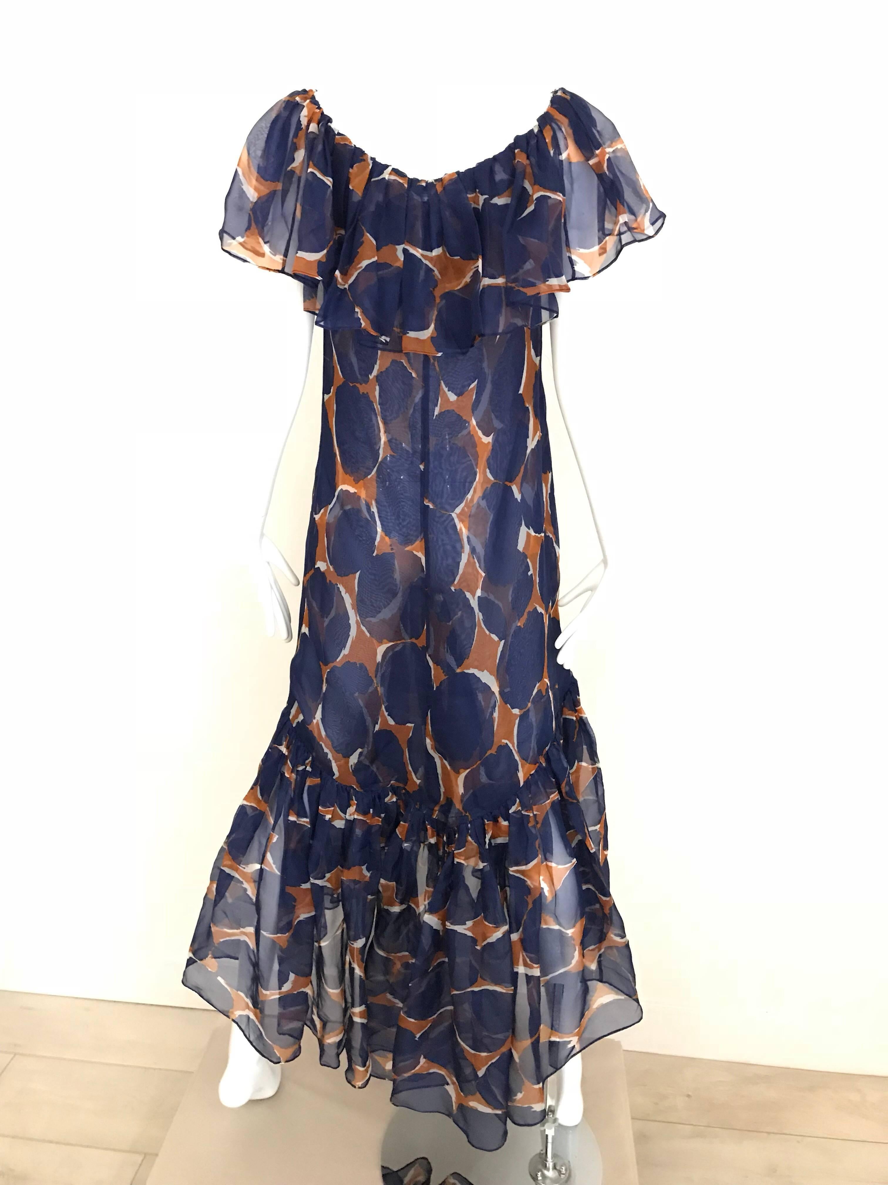 Vintage Yves Saint Laurent Blue and Brown Print Flamenco Style Silk Dress 1