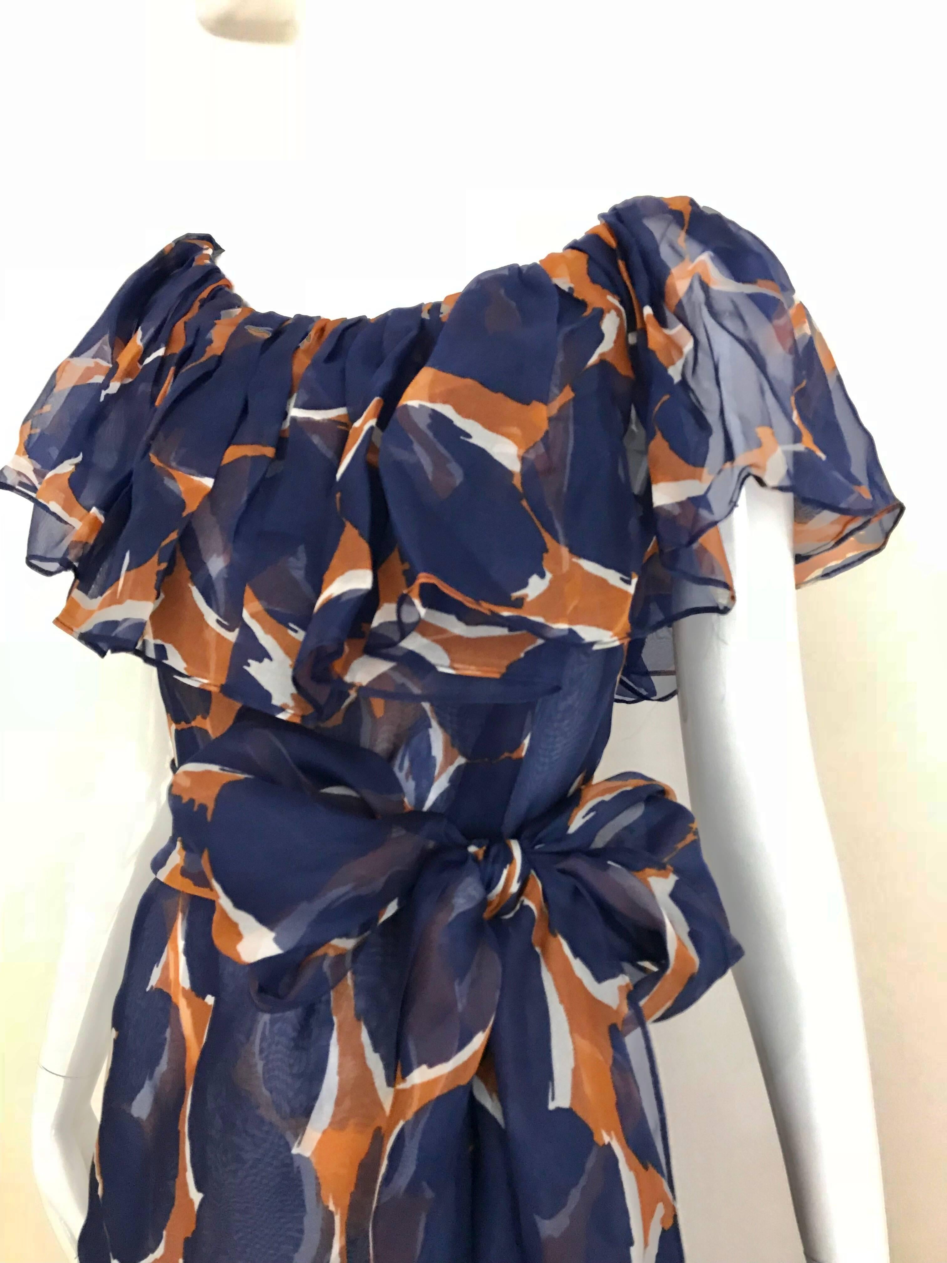 Vintage Yves Saint Laurent Blue and Brown Print Flamenco Style Silk Dress 2