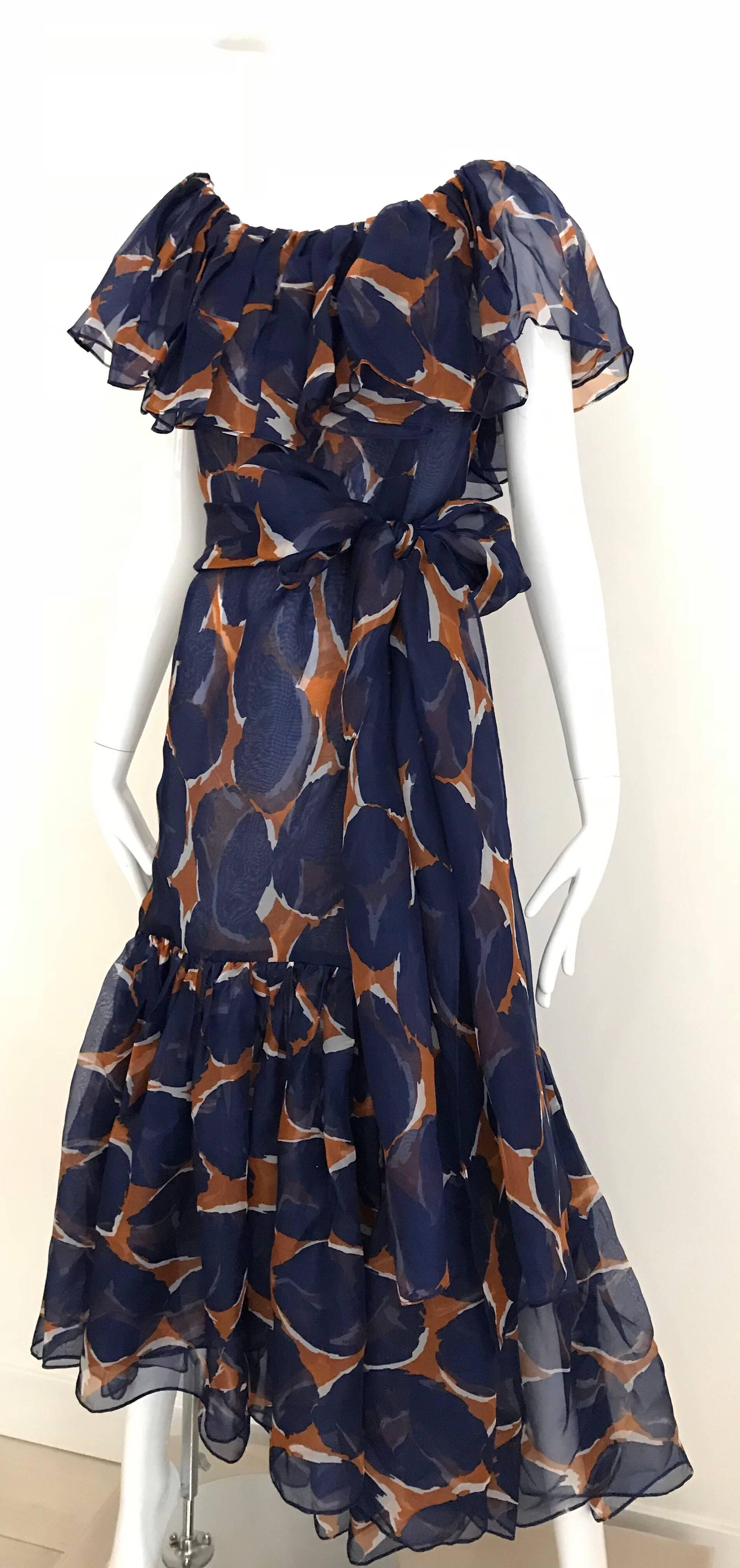 Vintage Yves Saint Laurent Blue and Brown Print Flamenco Style Silk Dress 3