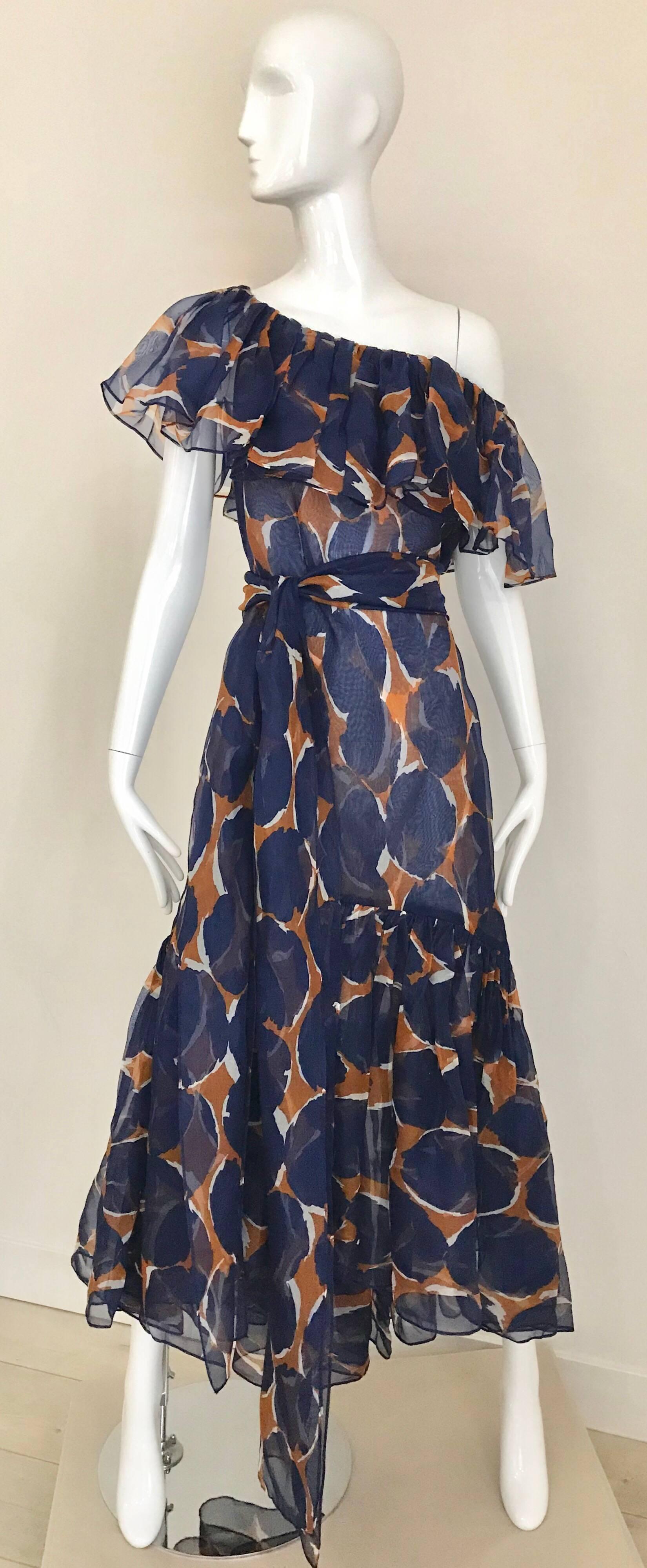 Vintage Yves Saint Laurent Blue and Brown Print Flamenco Style Silk Dress 4