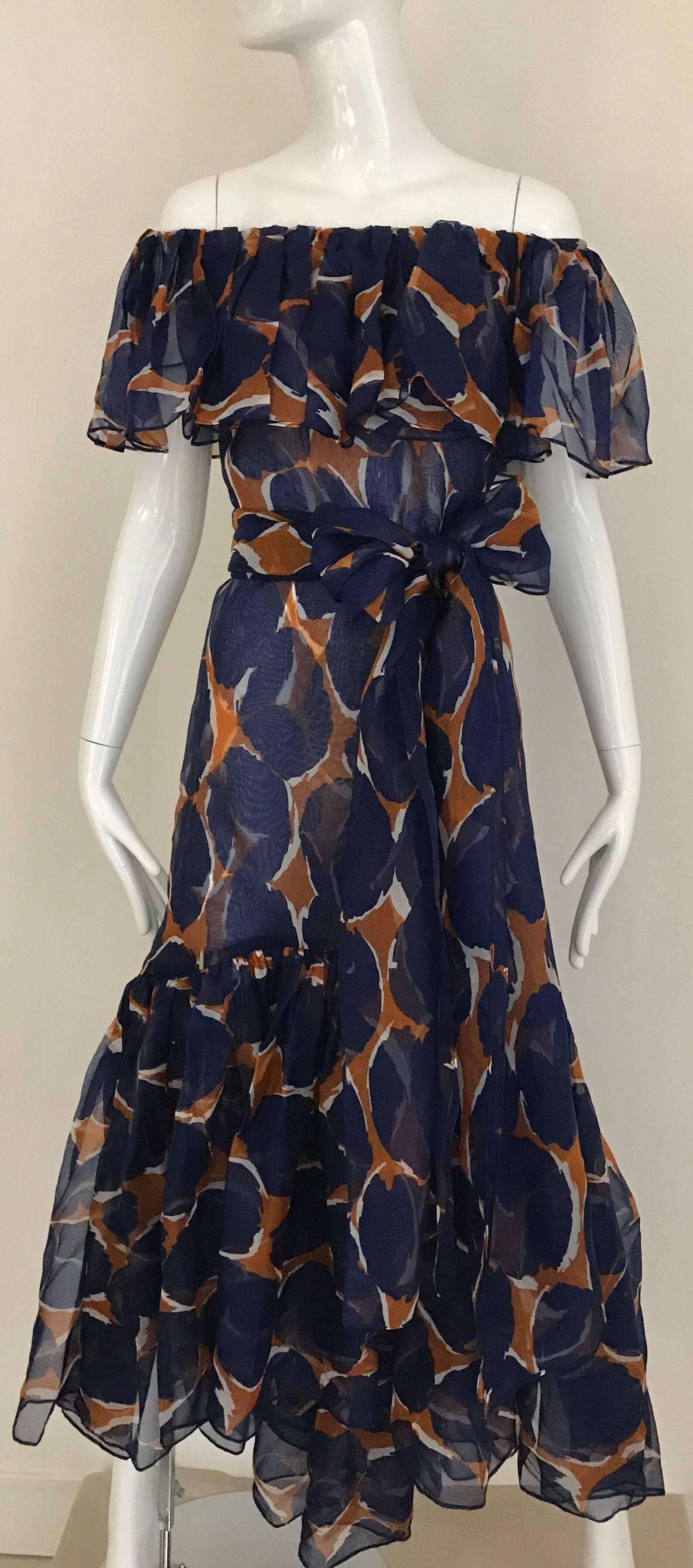 Vintage Yves Saint Laurent Blue and Brown Print Flamenco Style Silk Dress 5