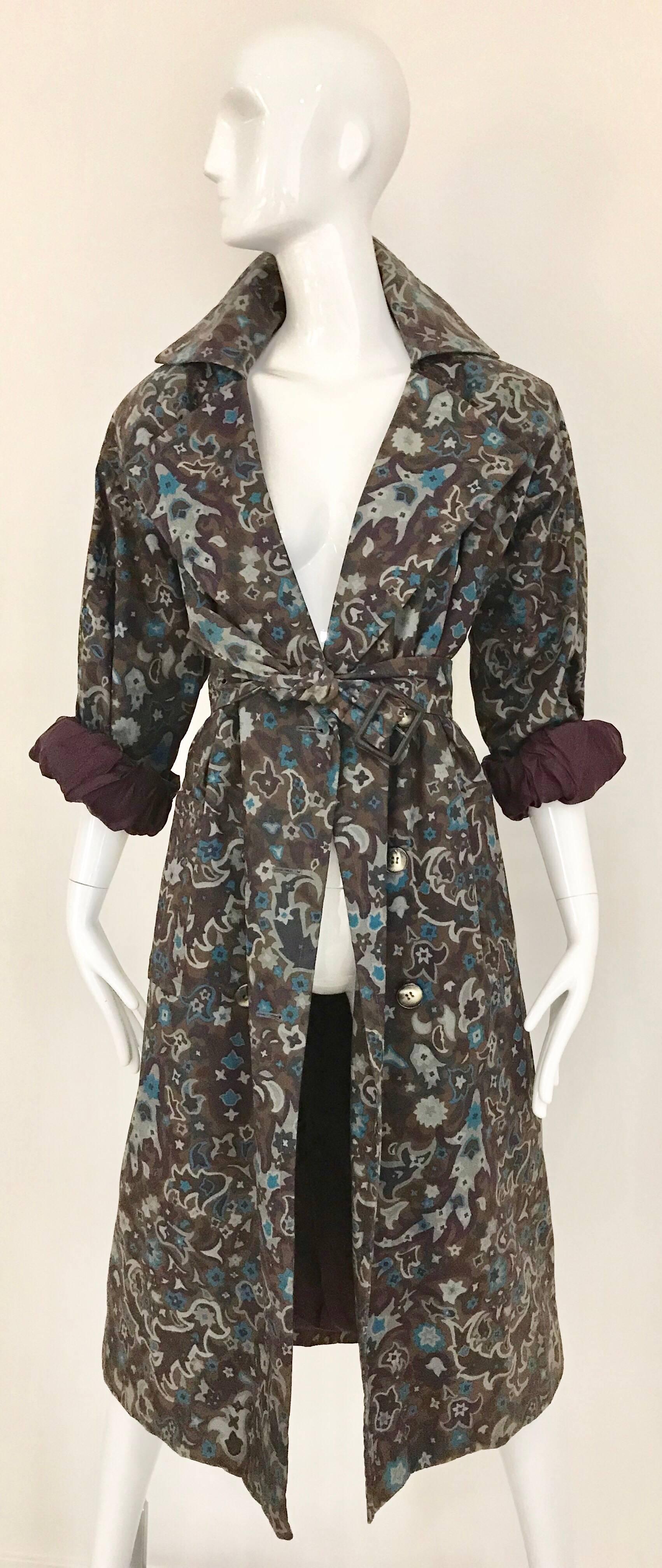 Black 1970s Saint Laurent Brown, Teal and Grey Paisley Print vintage Trench Coat For Sale