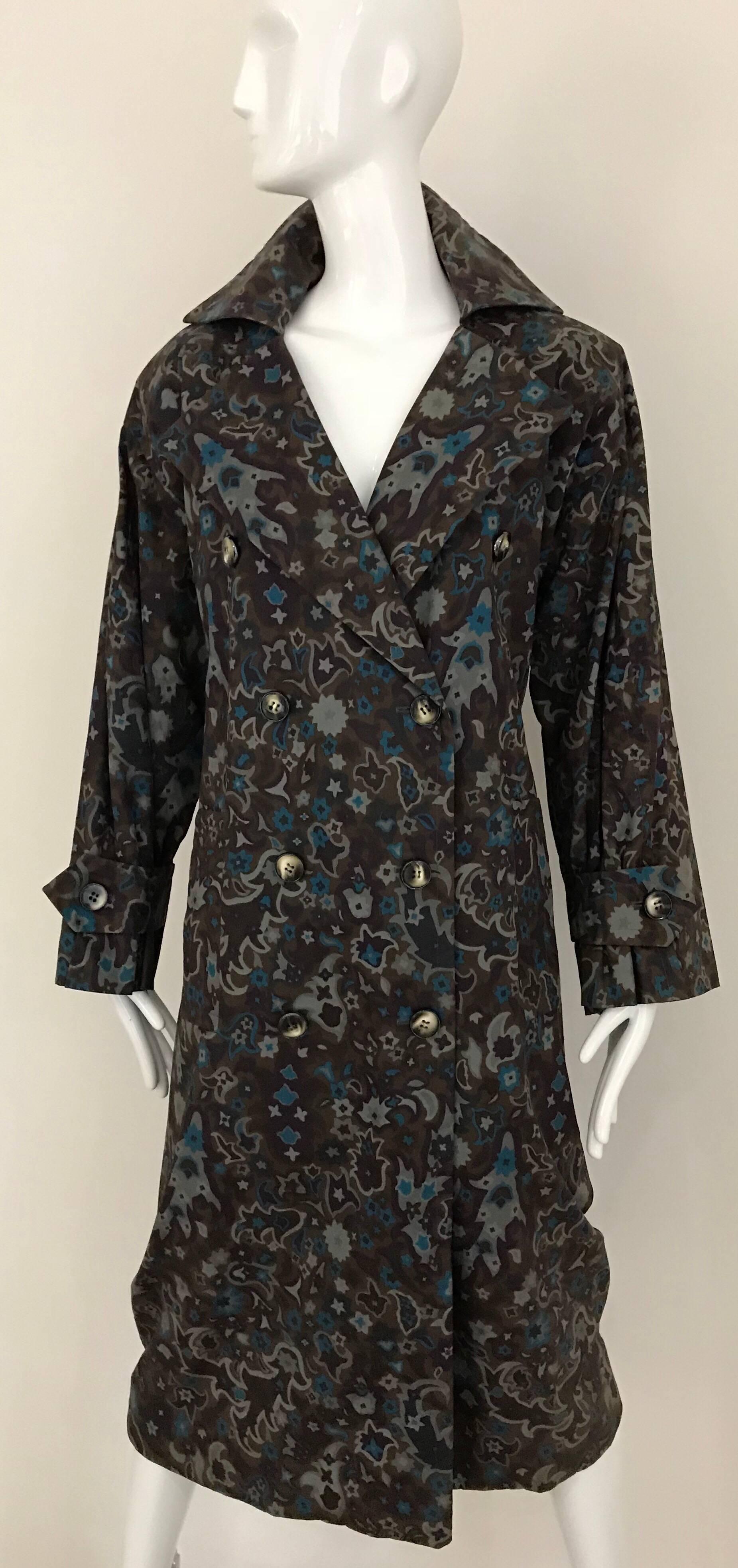 1970s Saint Laurent Brown, Teal and Grey Paisley Print vintage Trench Coat For Sale 1