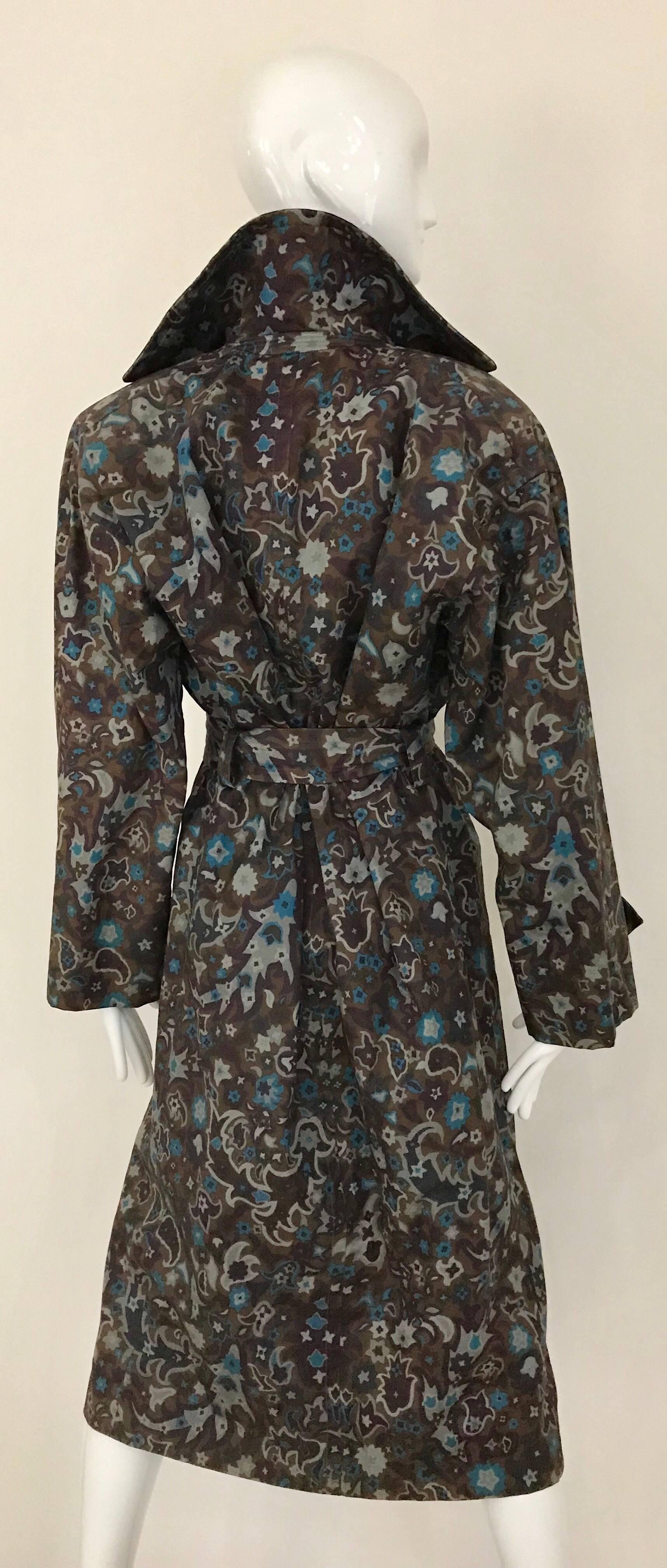 1970s Saint Laurent Brown, Teal and Grey Paisley Print vintage Trench Coat For Sale 2