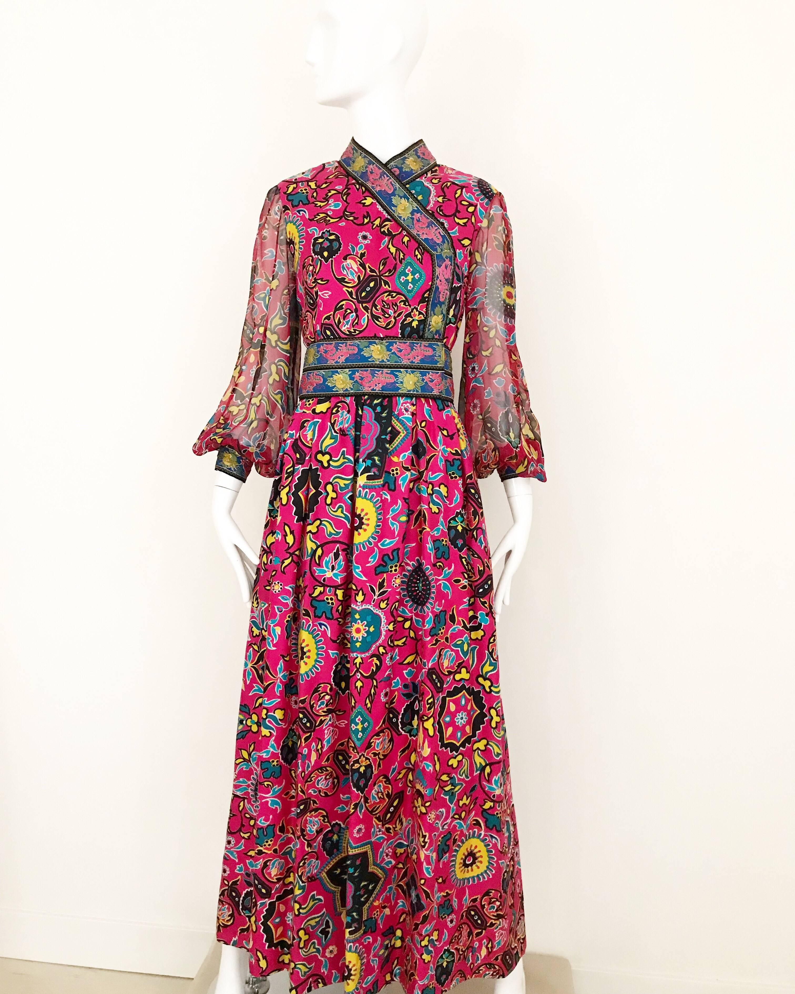 Brown Oscar De La Renta Vintage Pink Silk Print Maxi Dress 