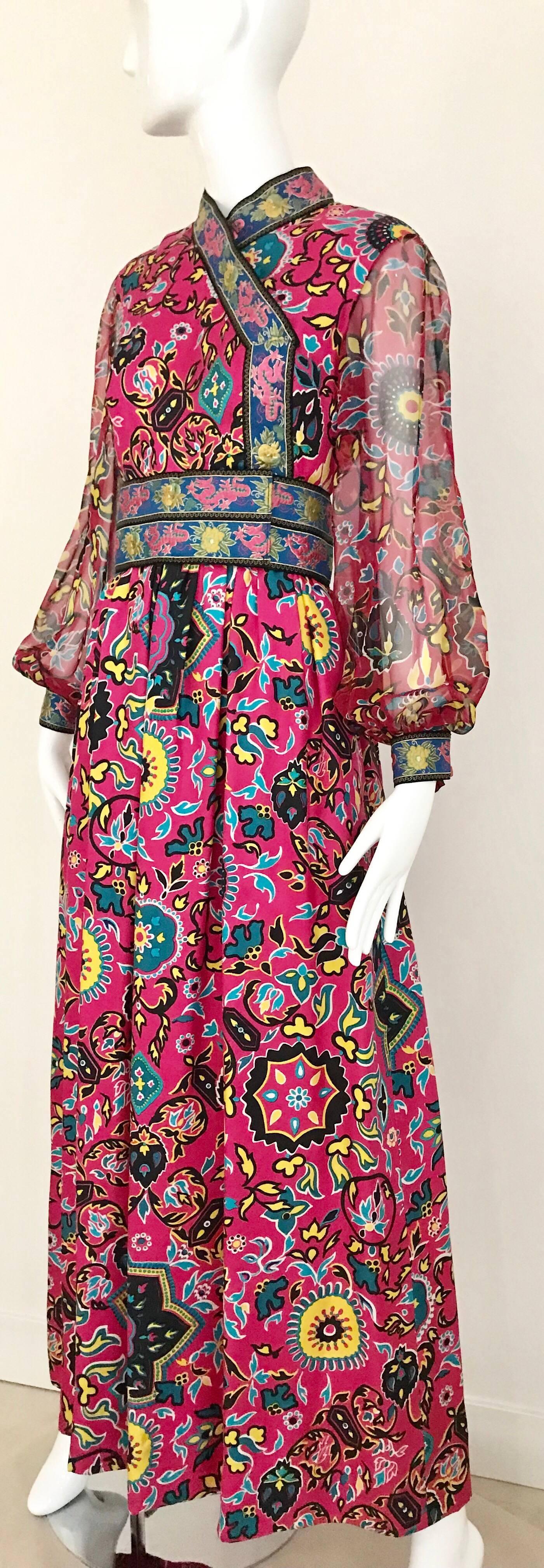 Women's Oscar De La Renta Vintage Pink Silk Print Maxi Dress 