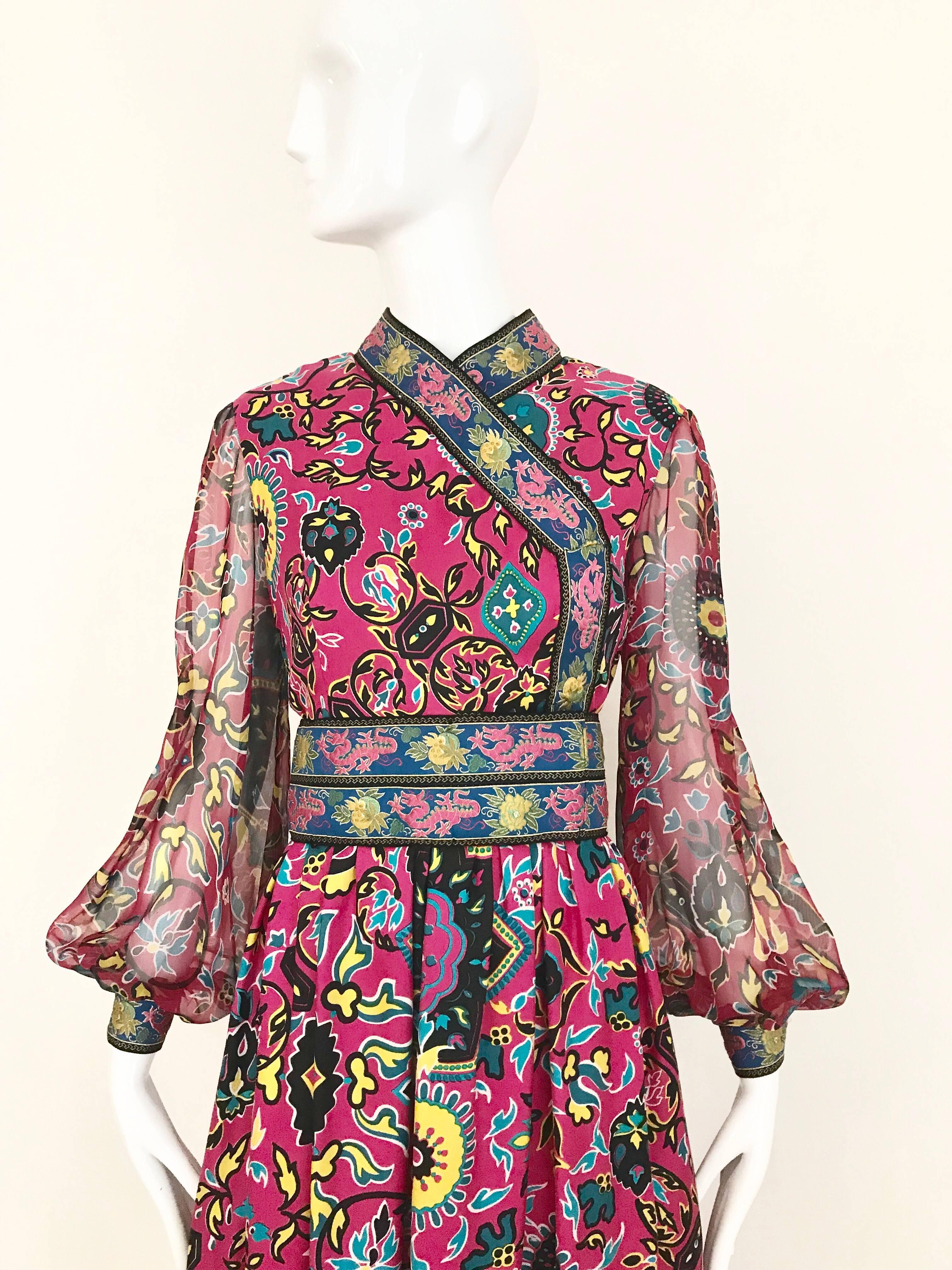 Oscar De La Renta Vintage Pink Silk Print Maxi Dress  1