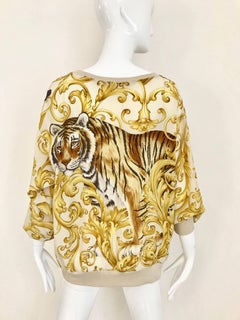Salvatore Ferragamo Vintage Yellow and Creme Tiger Print Oversize Silk Blouse