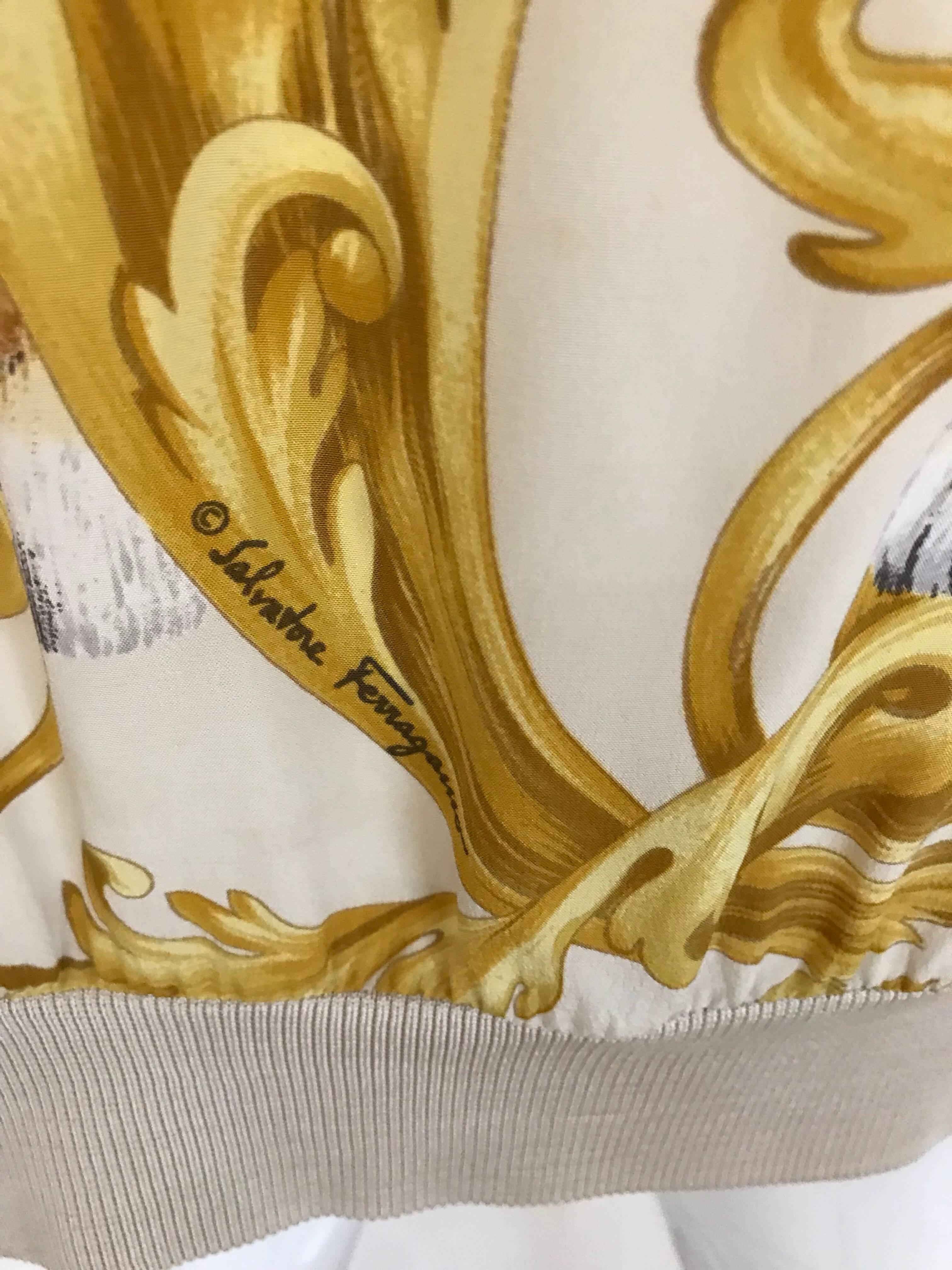 Beige Salvatore Ferragamo Vintage Yellow and Creme Tiger Print Oversize Silk Blouse