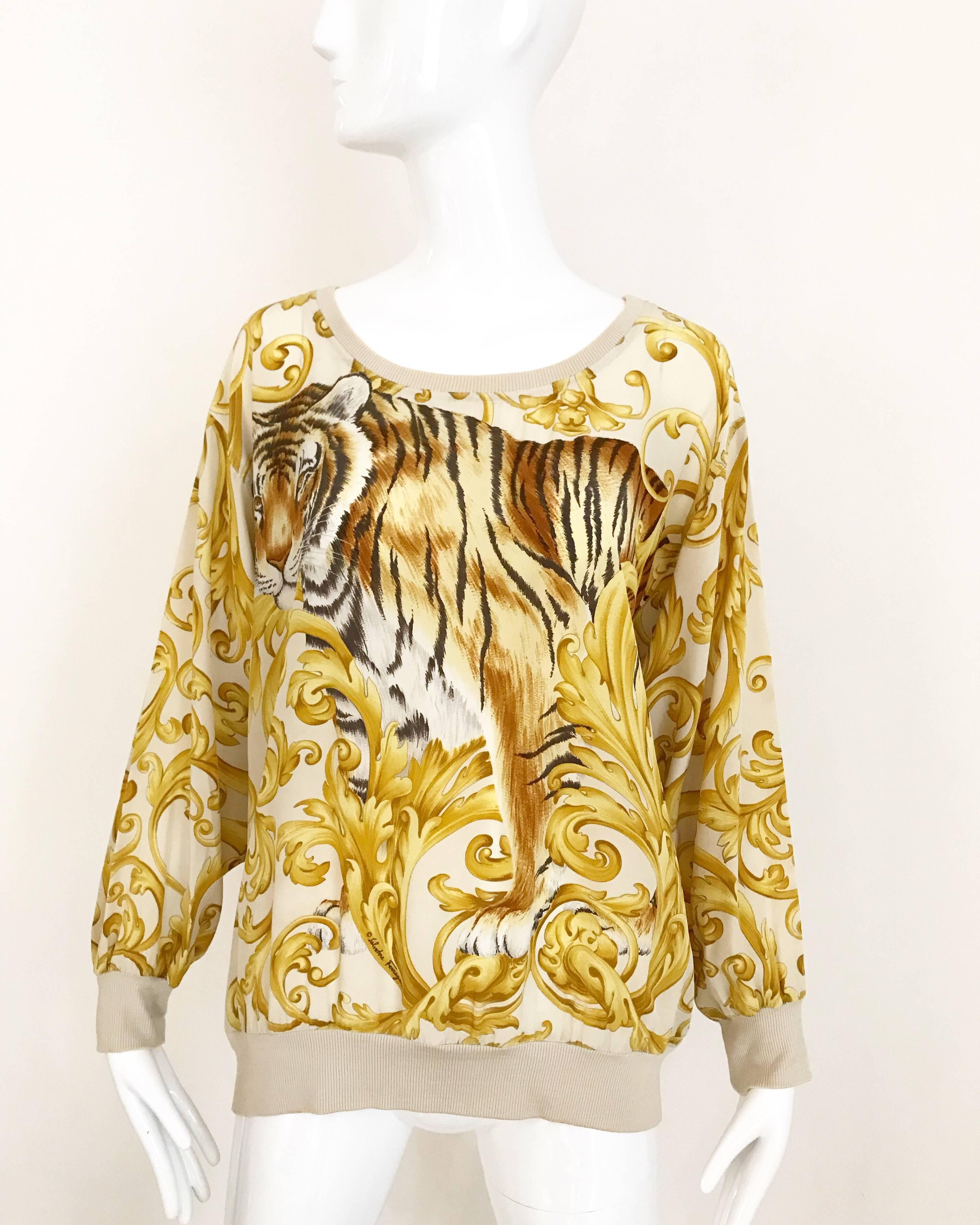 Women's Salvatore Ferragamo Vintage Yellow and Creme Tiger Print Oversize Silk Blouse