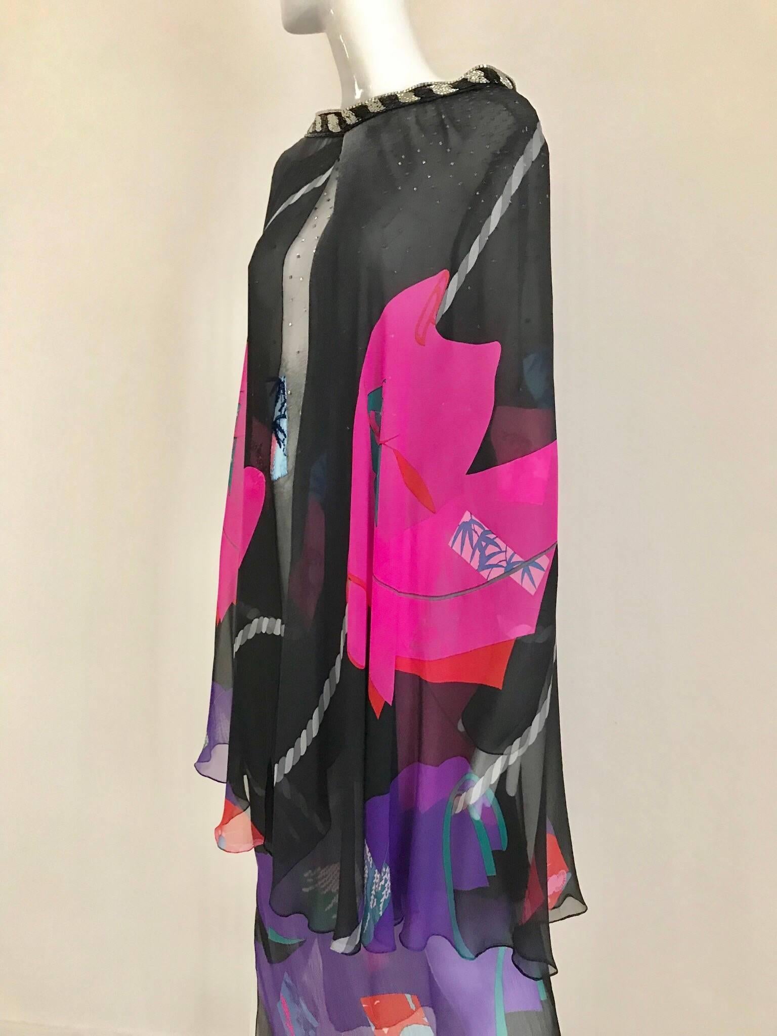 Vintage Hanae Mori Black and Pink Abstract Print Dress Skirt Ensemble For Sale 1