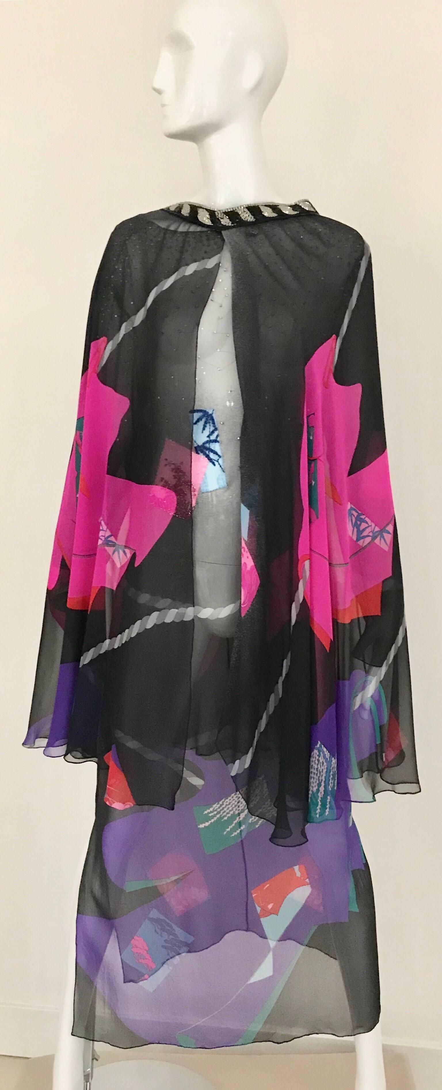 Vintage Hanae Mori Black and Pink Abstract Print Dress Skirt Ensemble For Sale 2