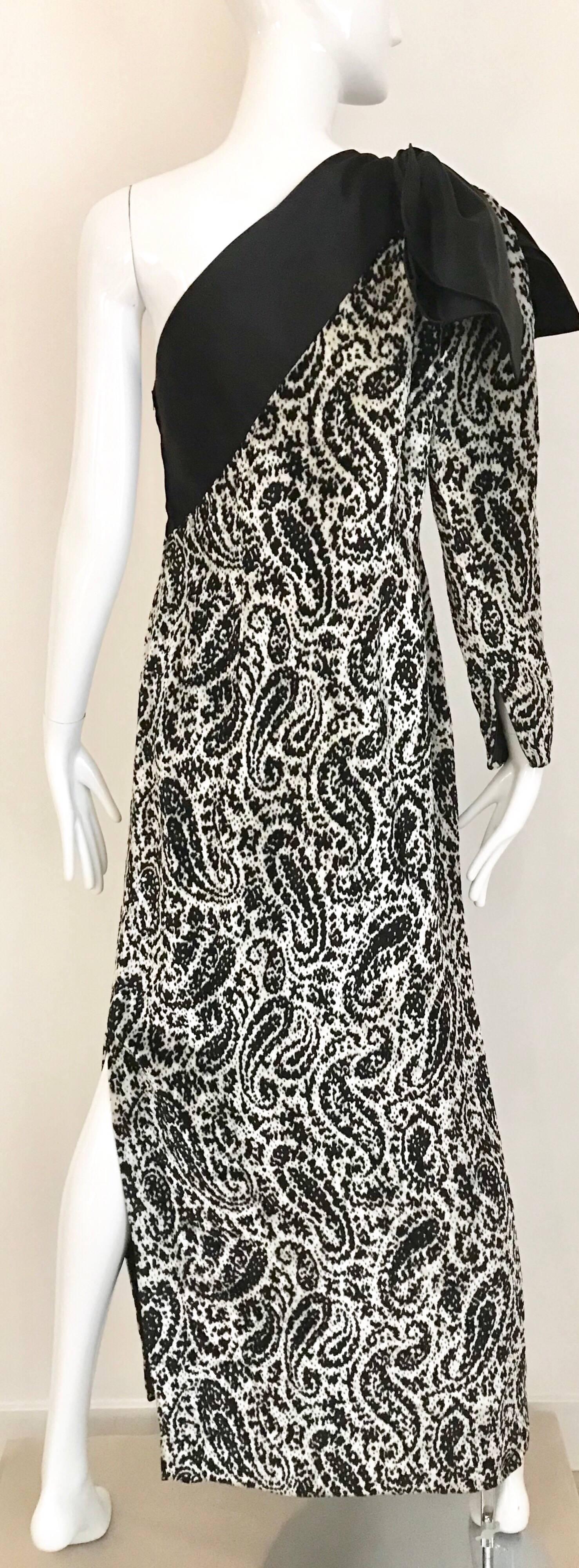 Vintage Lanvin Black and White Silk Velvet Paisley Print One Shoulder Bow Dress In Excellent Condition In Beverly Hills, CA